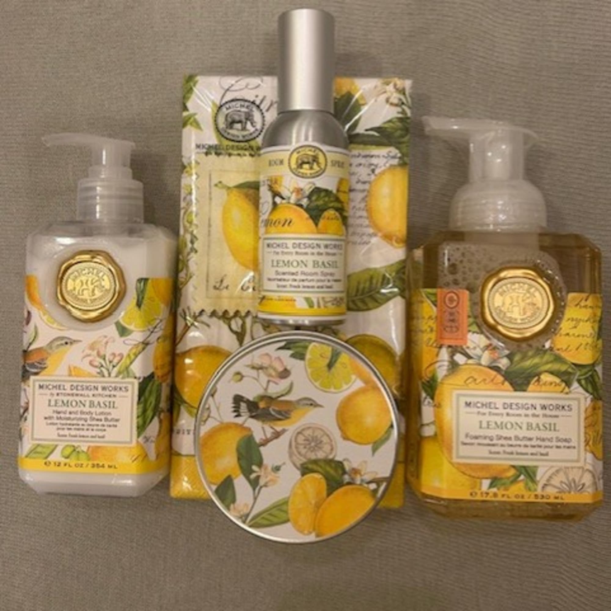 Lemon basil bath and body gift set with soap, lotion, spray, and tin