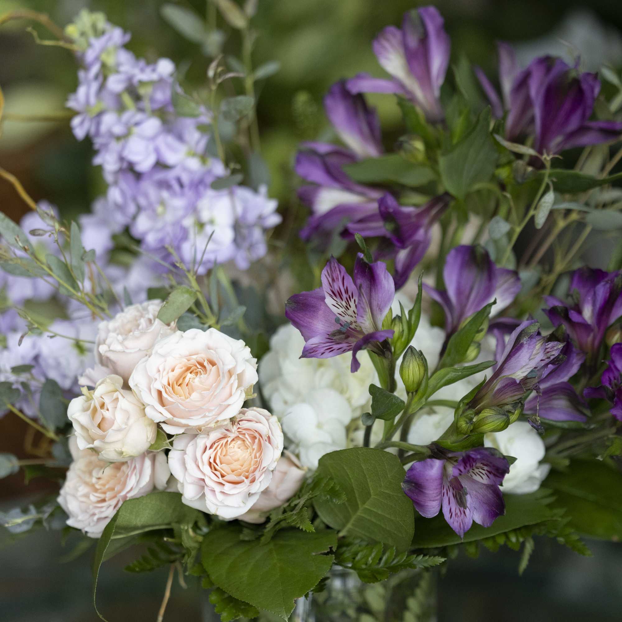 Bouquet of pale peach roses and purple alstroemeria