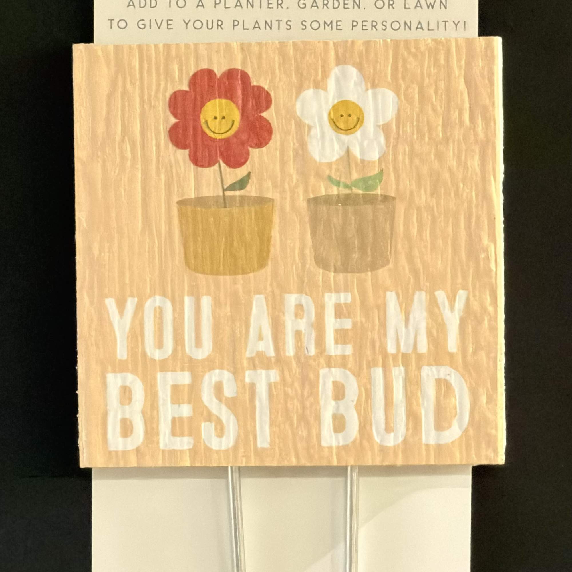 Two plant stakes with smiling flower designs and text on packaging