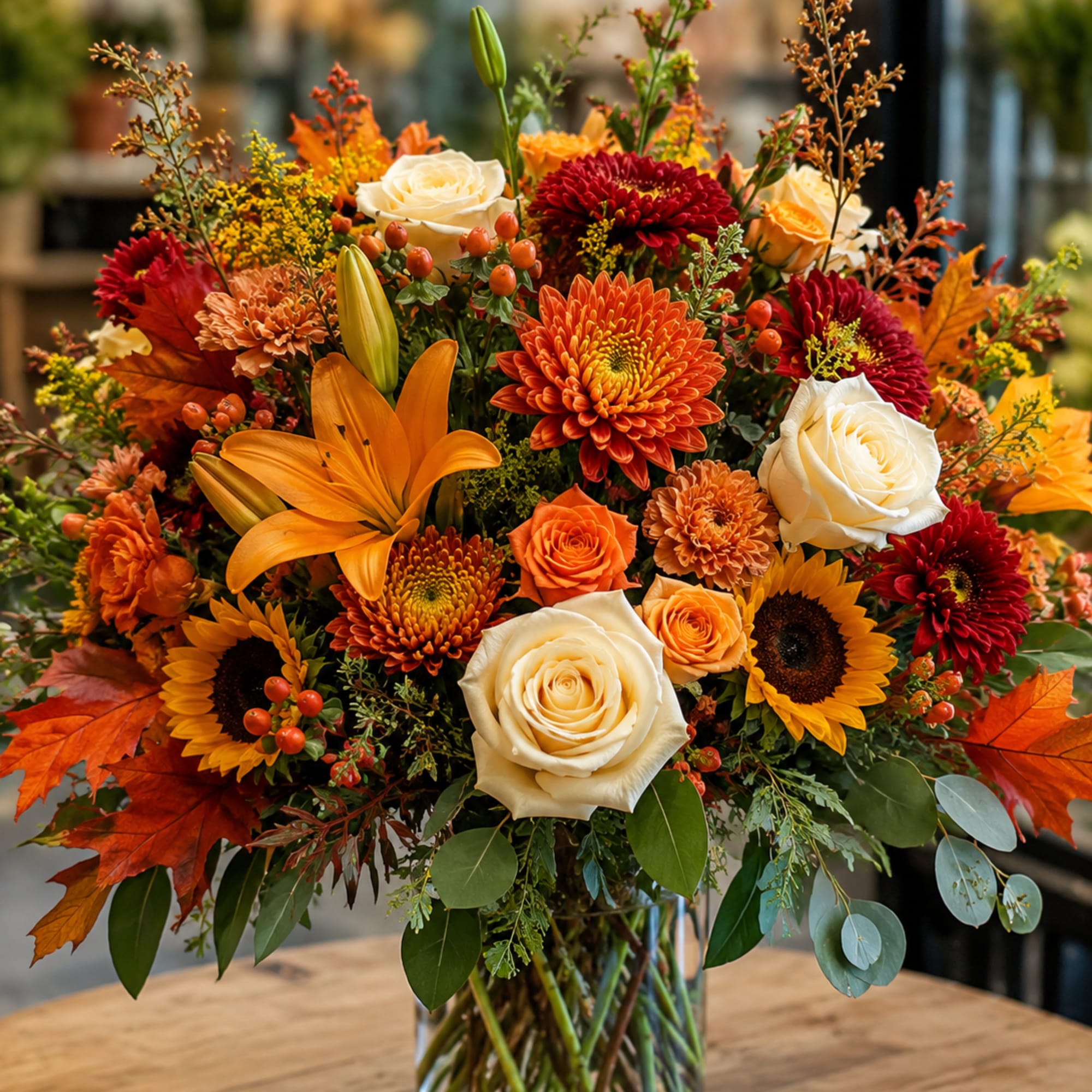 Autumn bouquet of orange, red, and white flowers in a glass vase