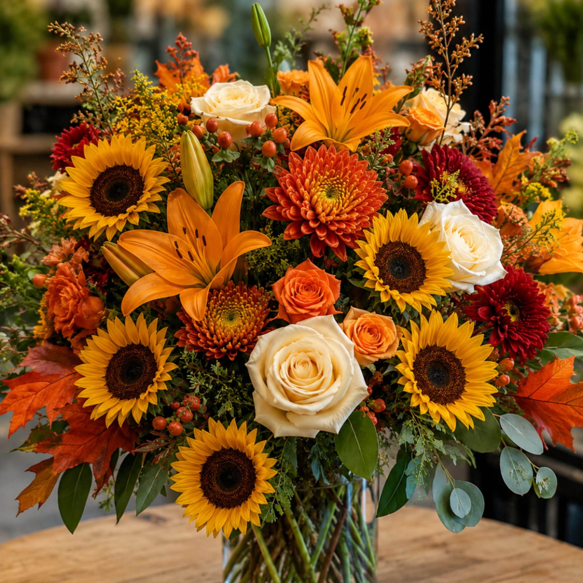 Autumn bouquet with sunflowers, roses, lilies, and chrysanthemums in a glass vase