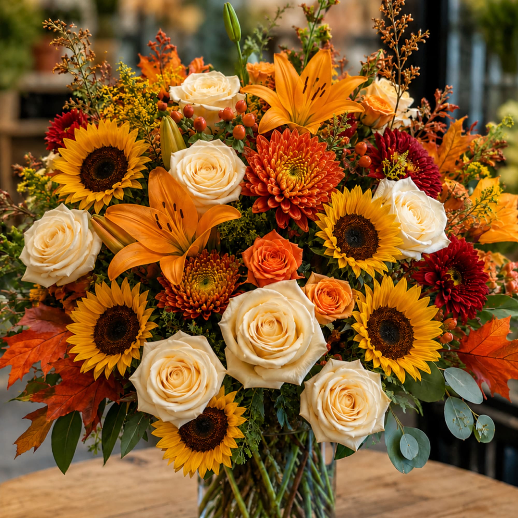 Autumn bouquet with sunflowers, cream roses, orange lilies, and chrysanthemums in a glass vase