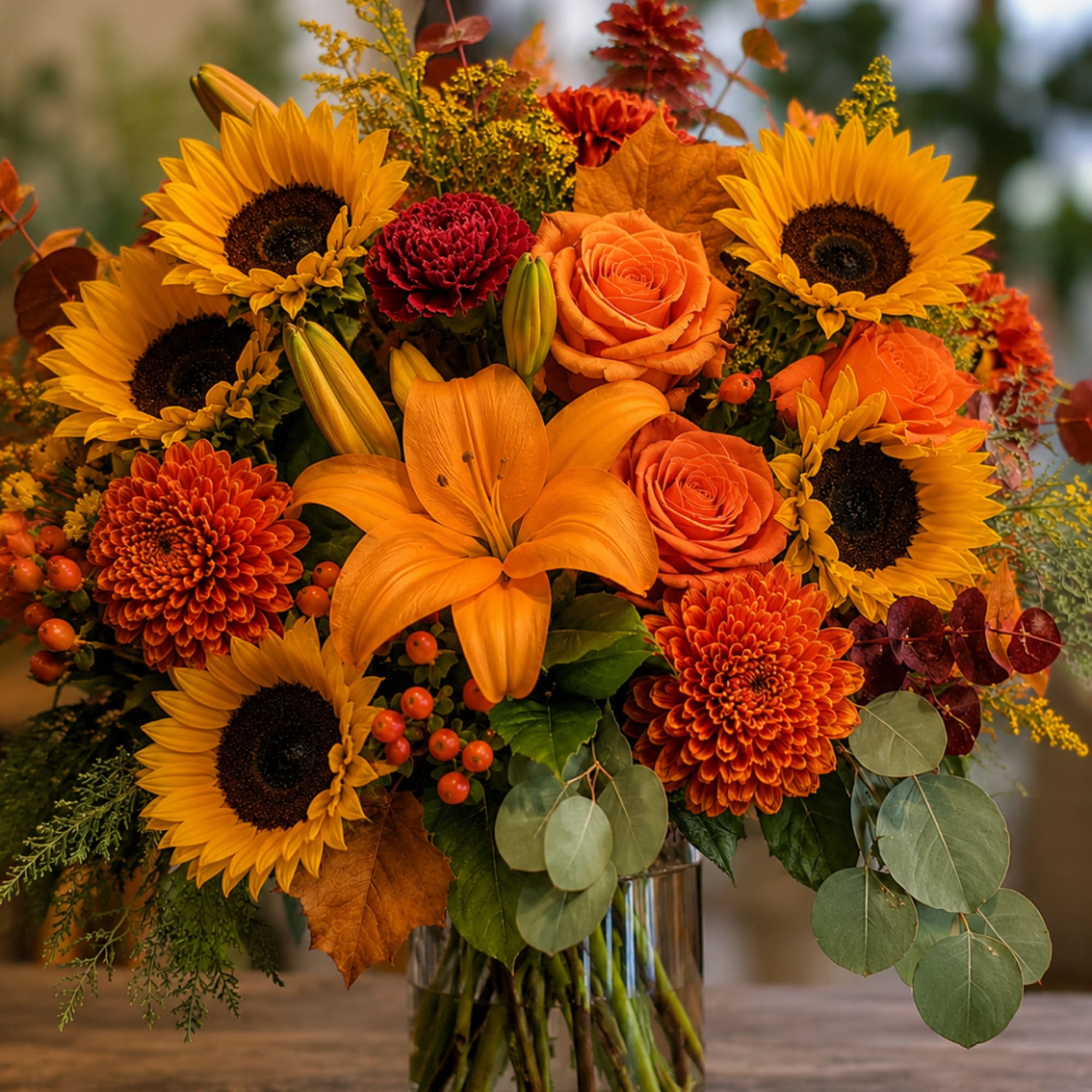 Autumn bouquet with sunflowers, orange roses, lilies, and chrysanthemums in a glass vase