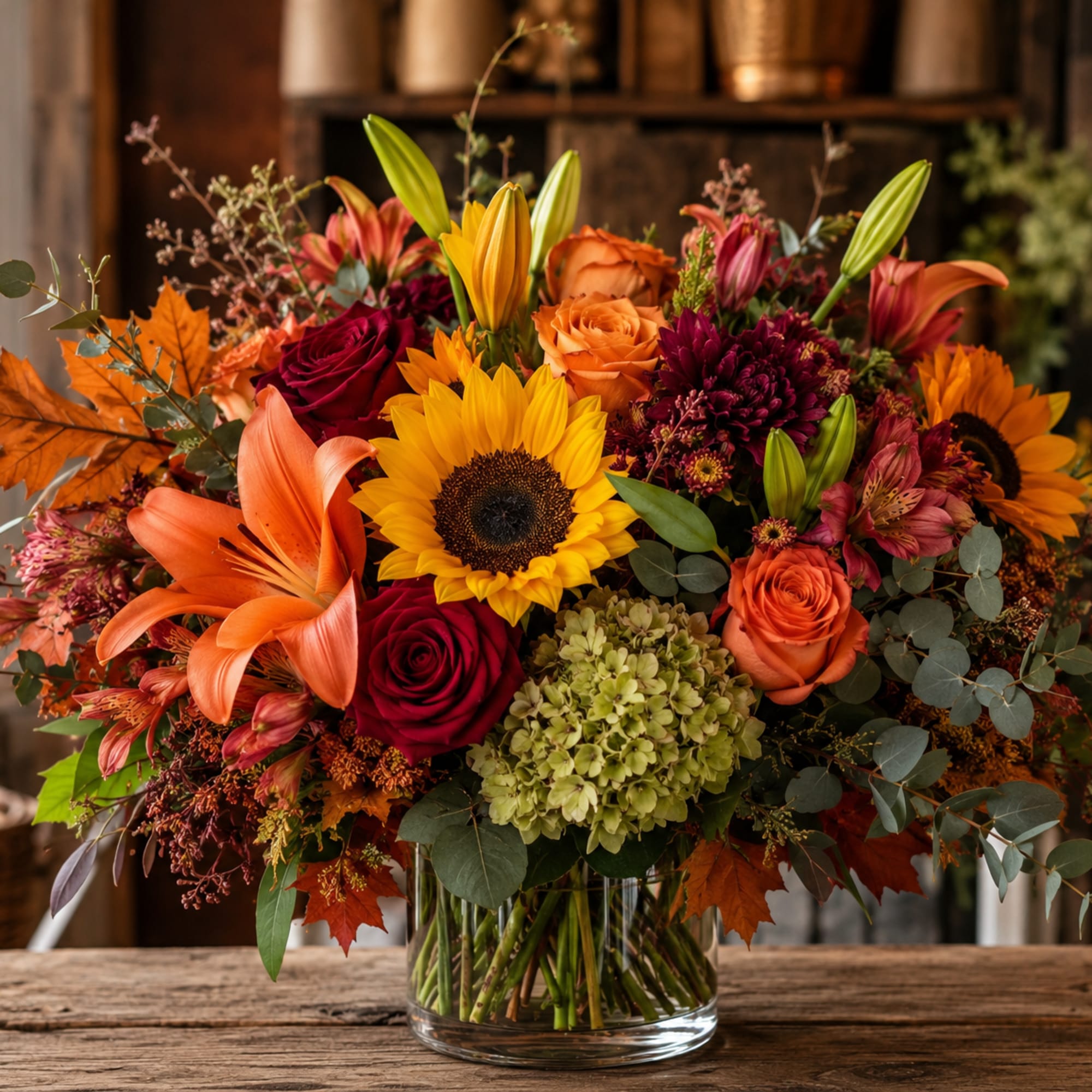 Autumn bouquet with sunflowers, roses, lilies, and hydrangea in a glass vase