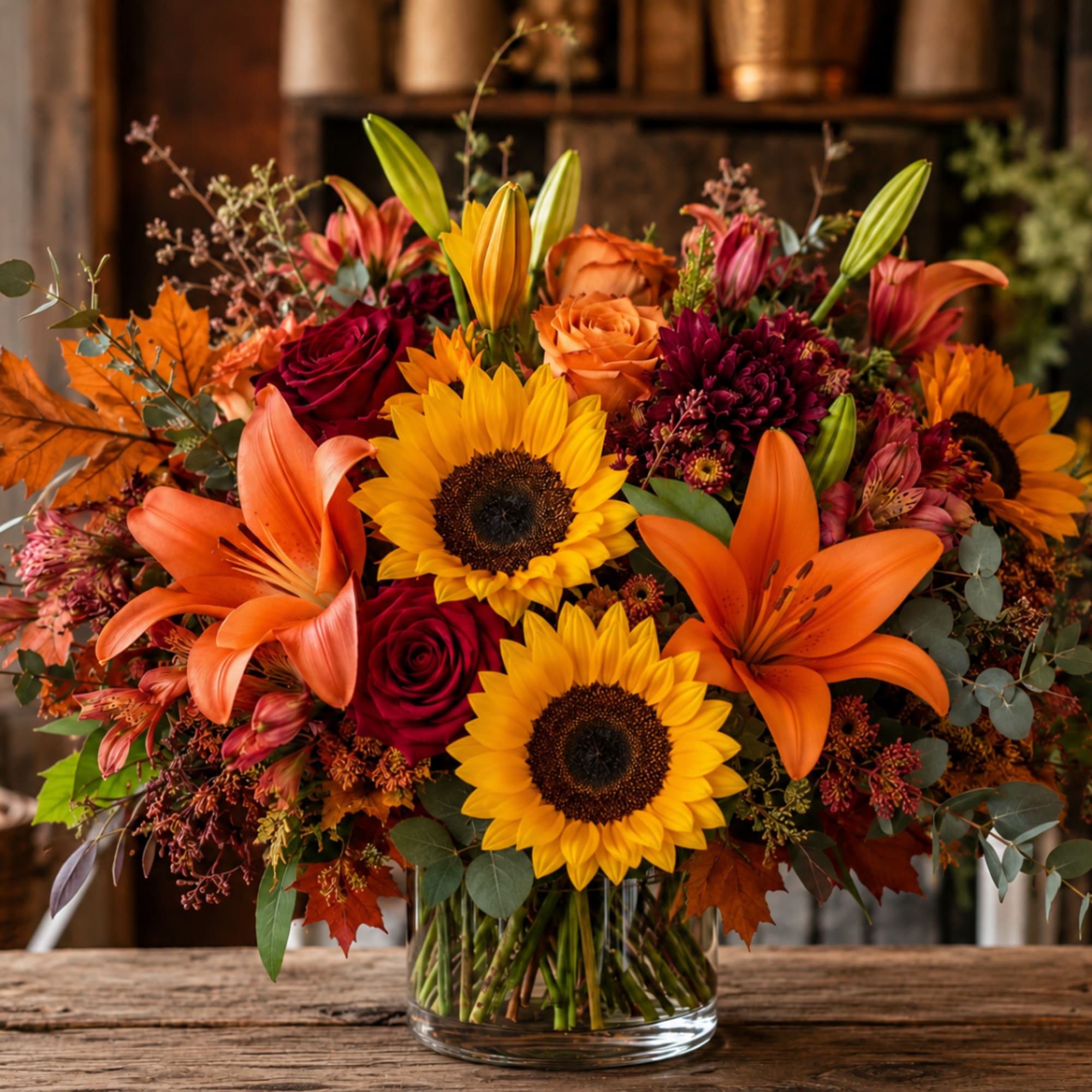 Autumn bouquet of sunflowers, orange lilies, and red roses in a glass vase