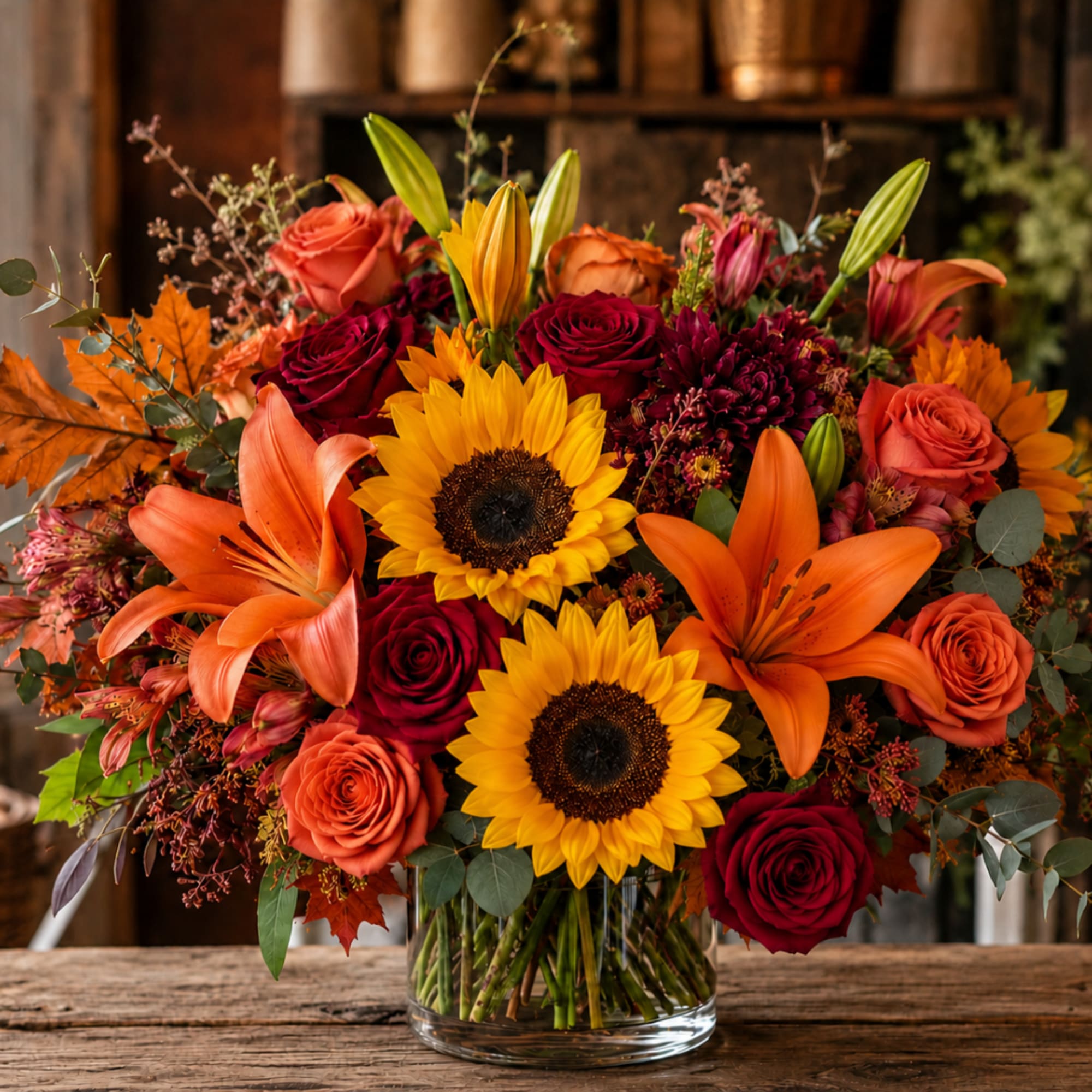 Bouquet of sunflowers, orange lilies, and red roses in a glass vase