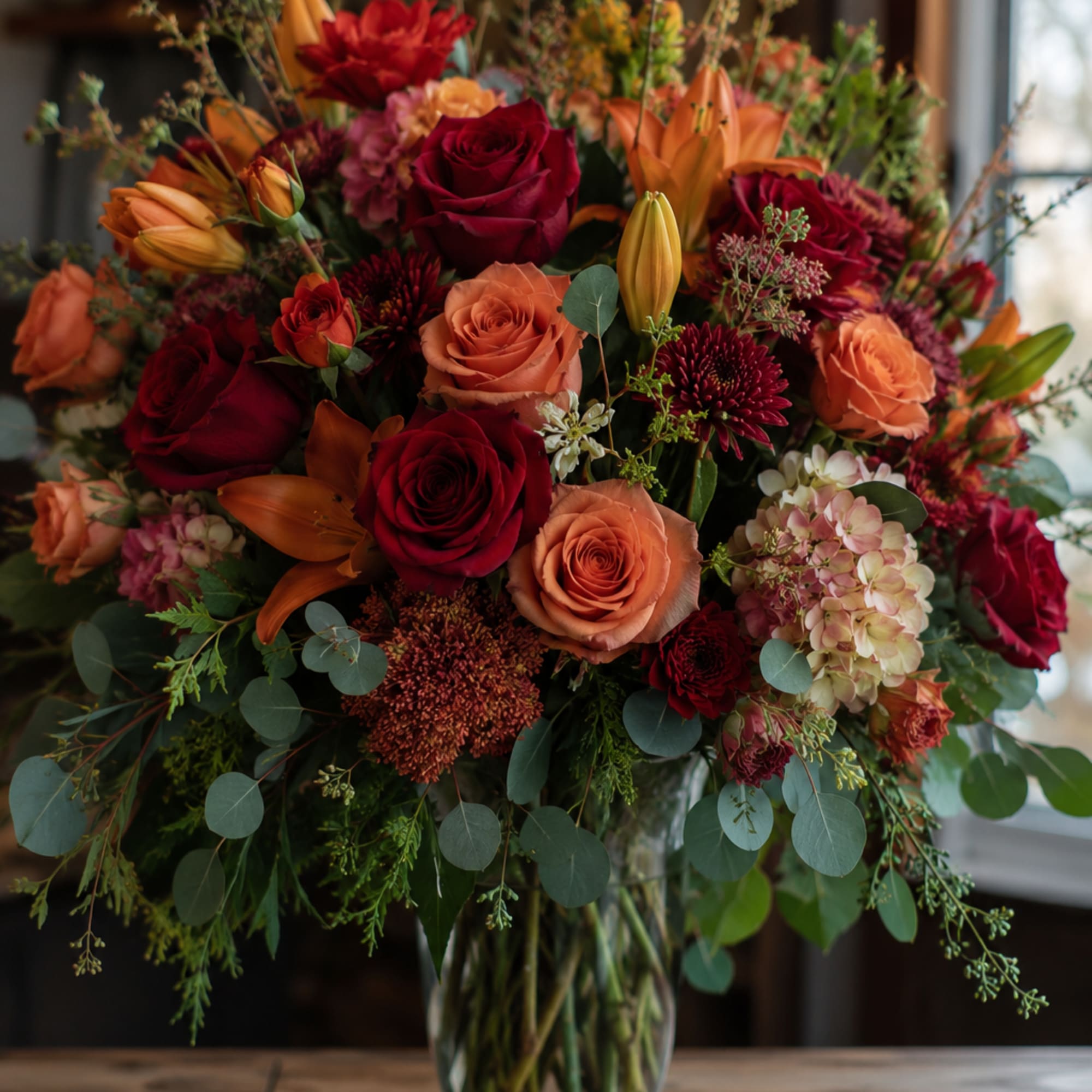 A lush blend of deep red and peach roses with bright orange
