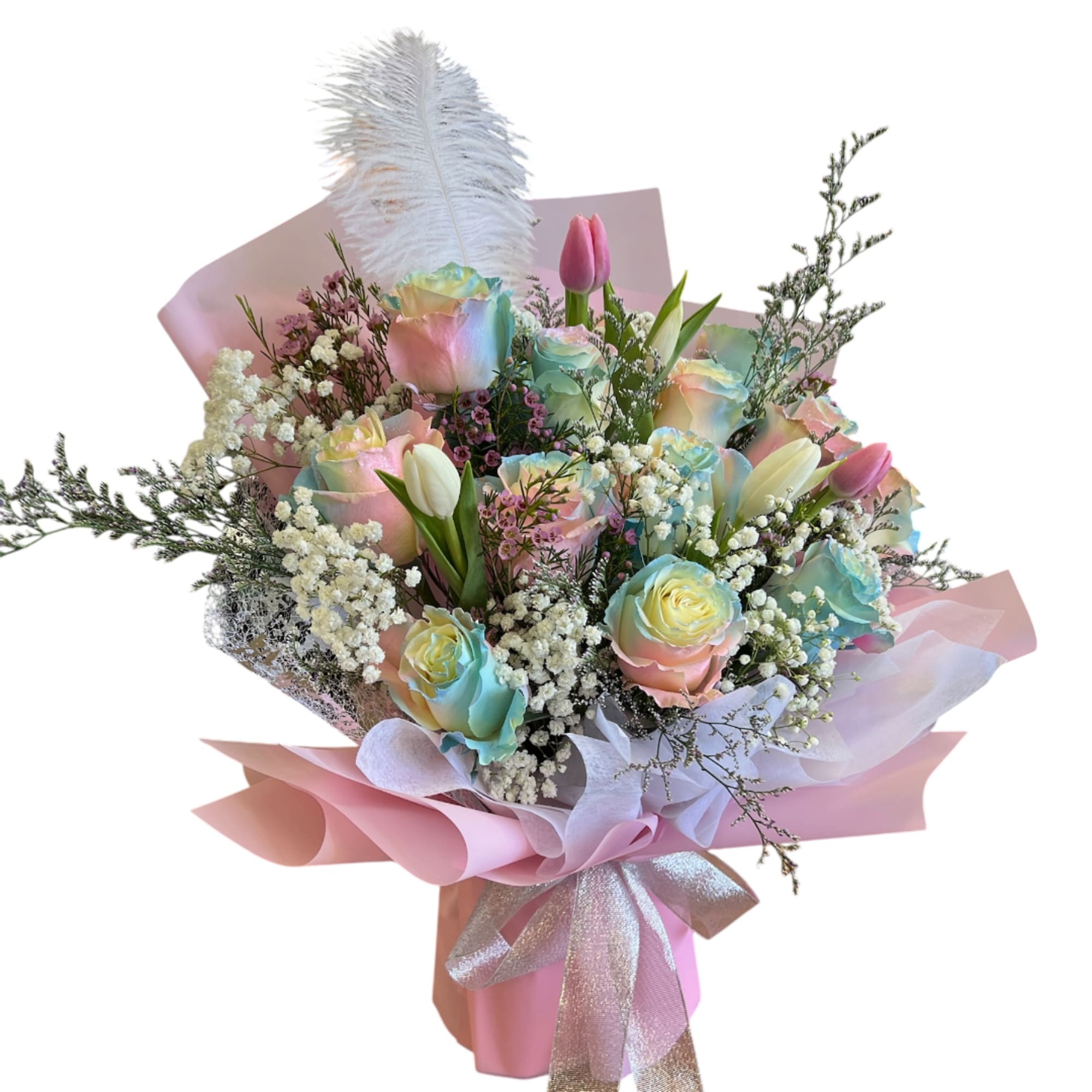 Pastel bouquet of roses and tulips wrapped in pink paper, photo 2 of 2