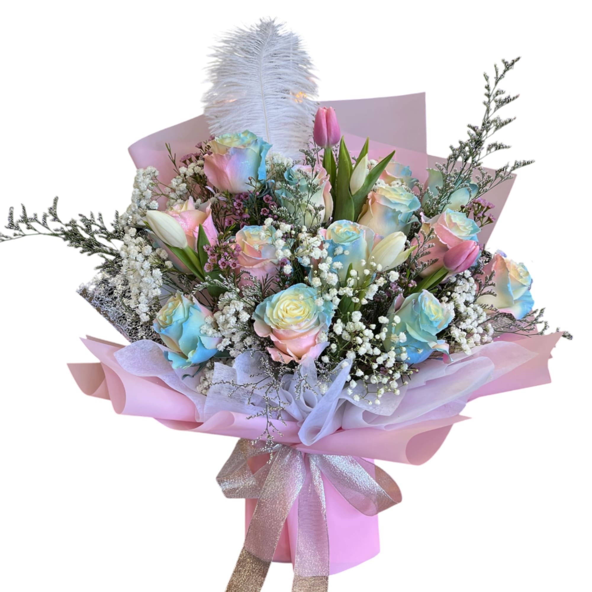 Pastel bouquet of roses and tulips wrapped in pink paper