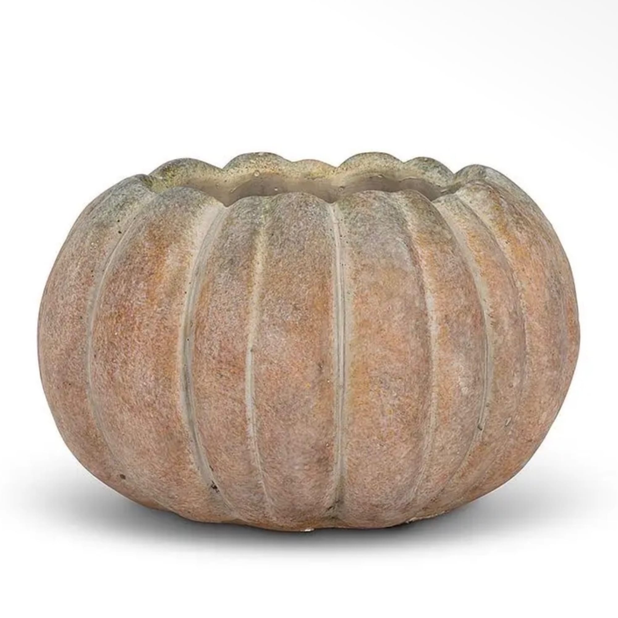 Decorative pumpkin-shaped container in muted tan and gray tones