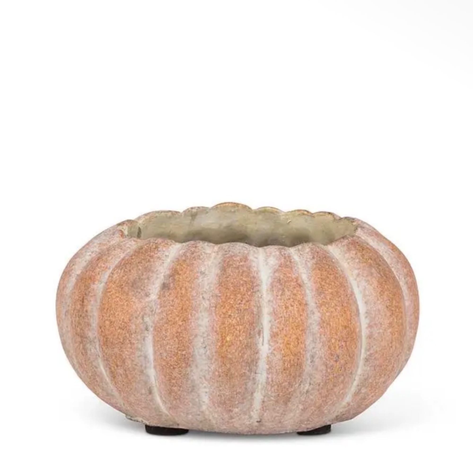 Pumpkin-shaped ceramic planter in a peach and white finish