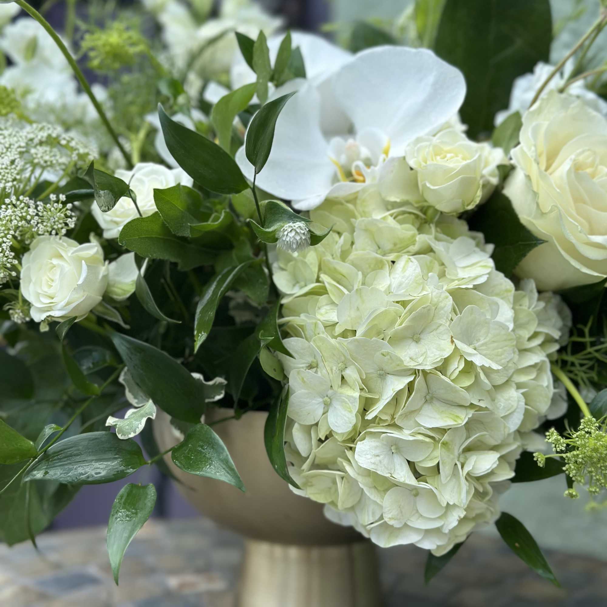 Low arrangement of white hydrangeas, roses, and an orchid in a gold pedestal bowl