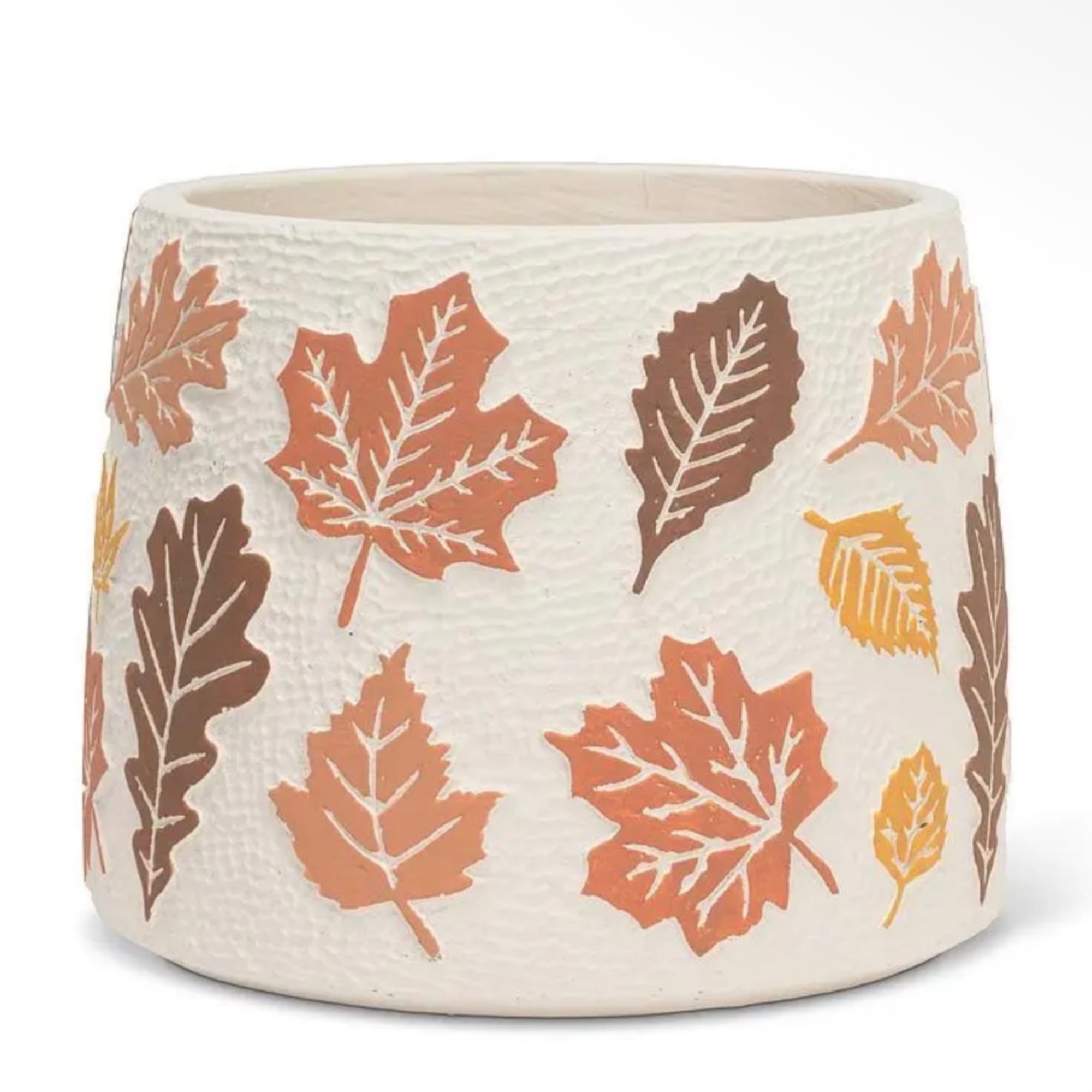 White textured ceramic planter with autumn leaf pattern