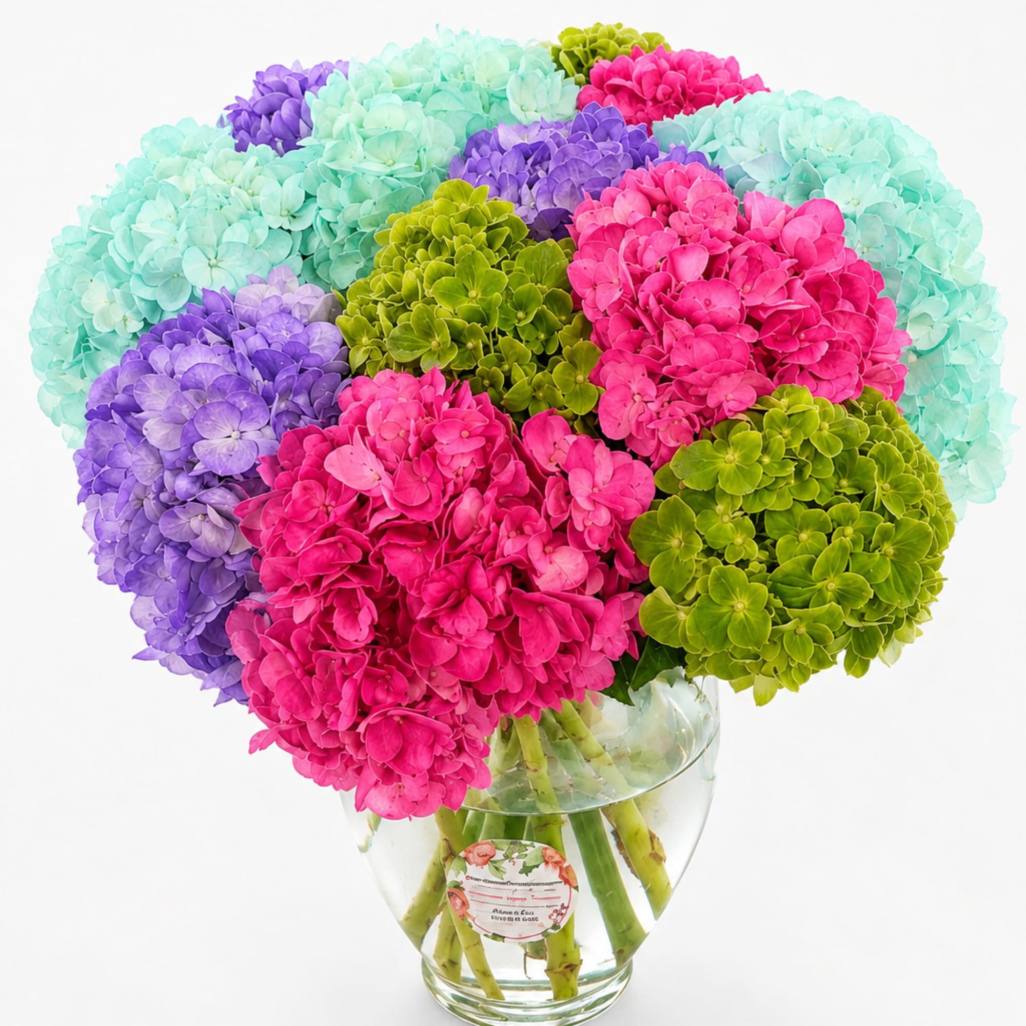 Colorful hydrangea bouquet in a clear glass vase