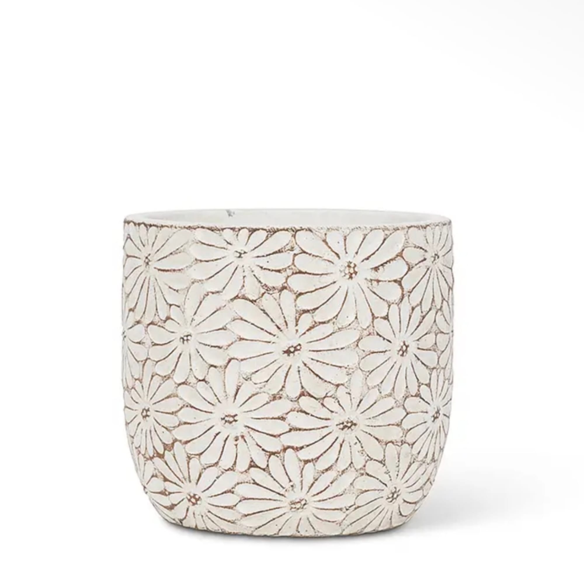 White ceramic planter with embossed daisy pattern