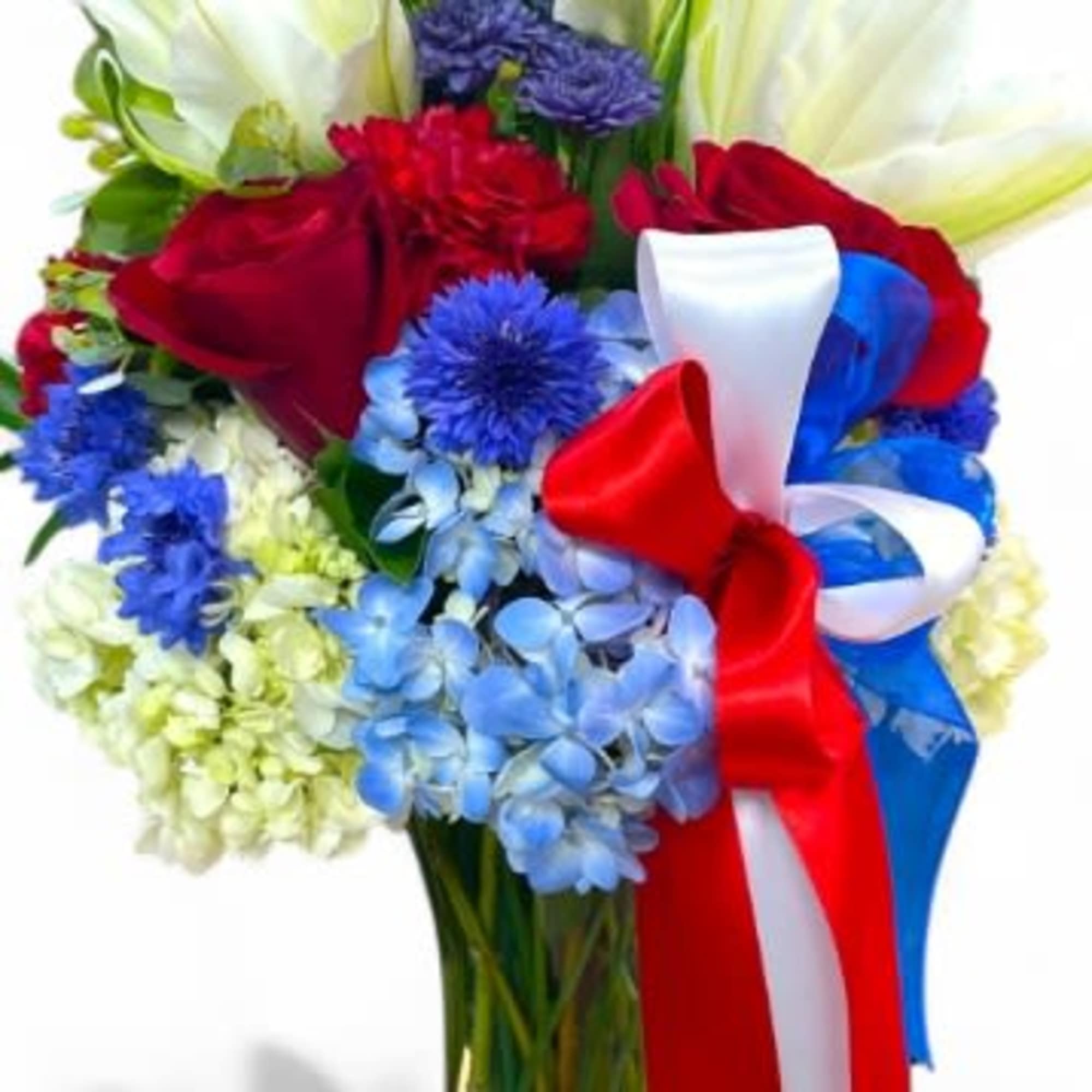 Bouquet of red roses, blue and white flowers, and a red-white-blue ribbon