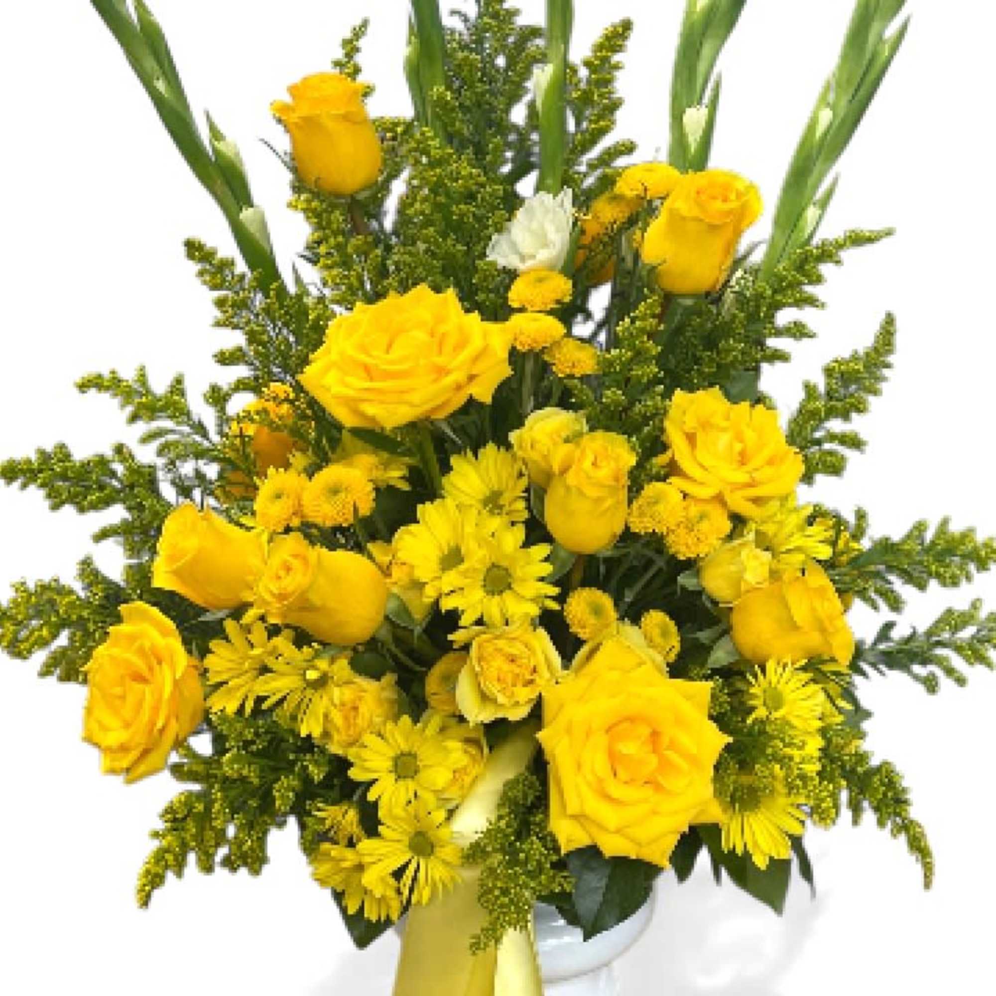 Yellow roses and daisies in a vase arrangement