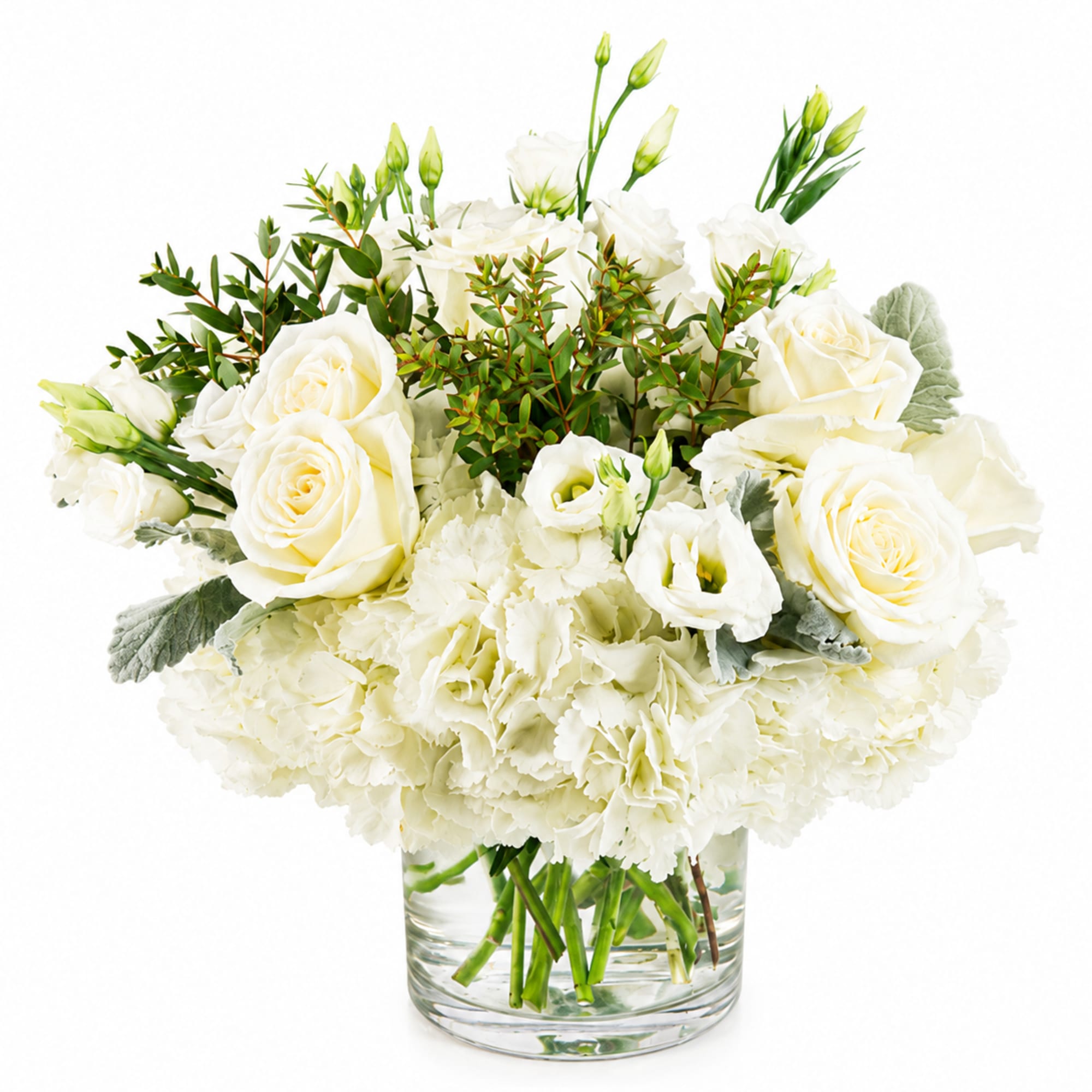 White roses and carnations arranged in a clear glass vase, photo 2 of 2