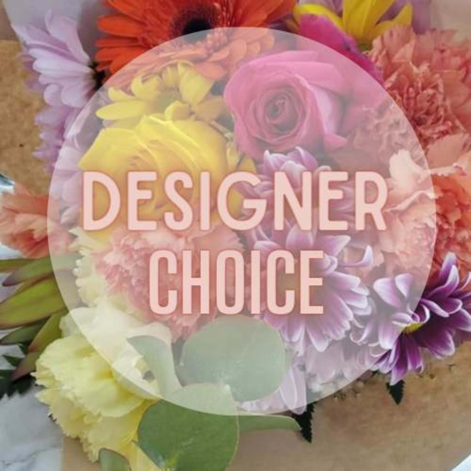 Colorful mixed flower bouquet with a "Designer Choice" overlay