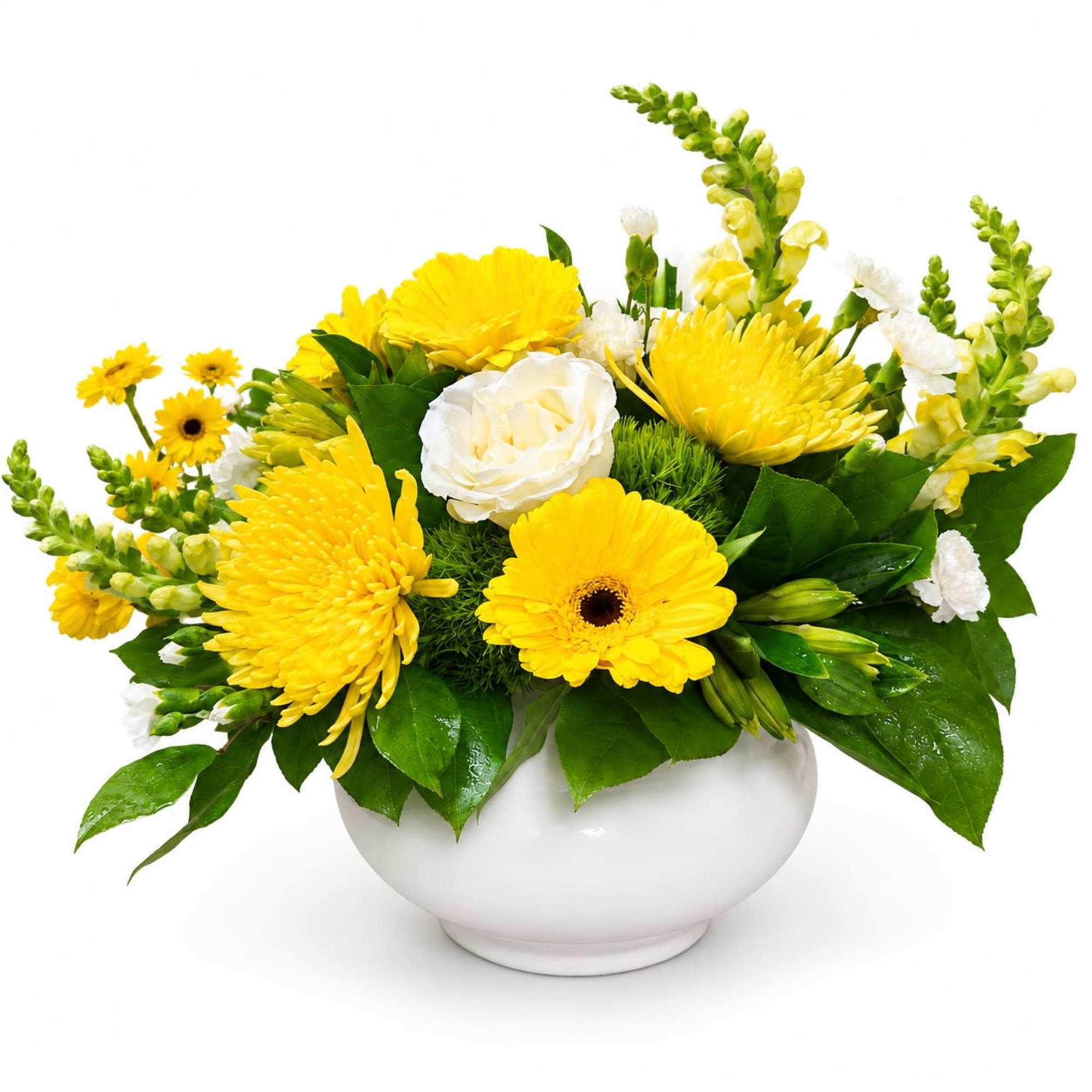 Sunny yellow chrysanthemums and bold gerbera daisies pair with crisp white blooms