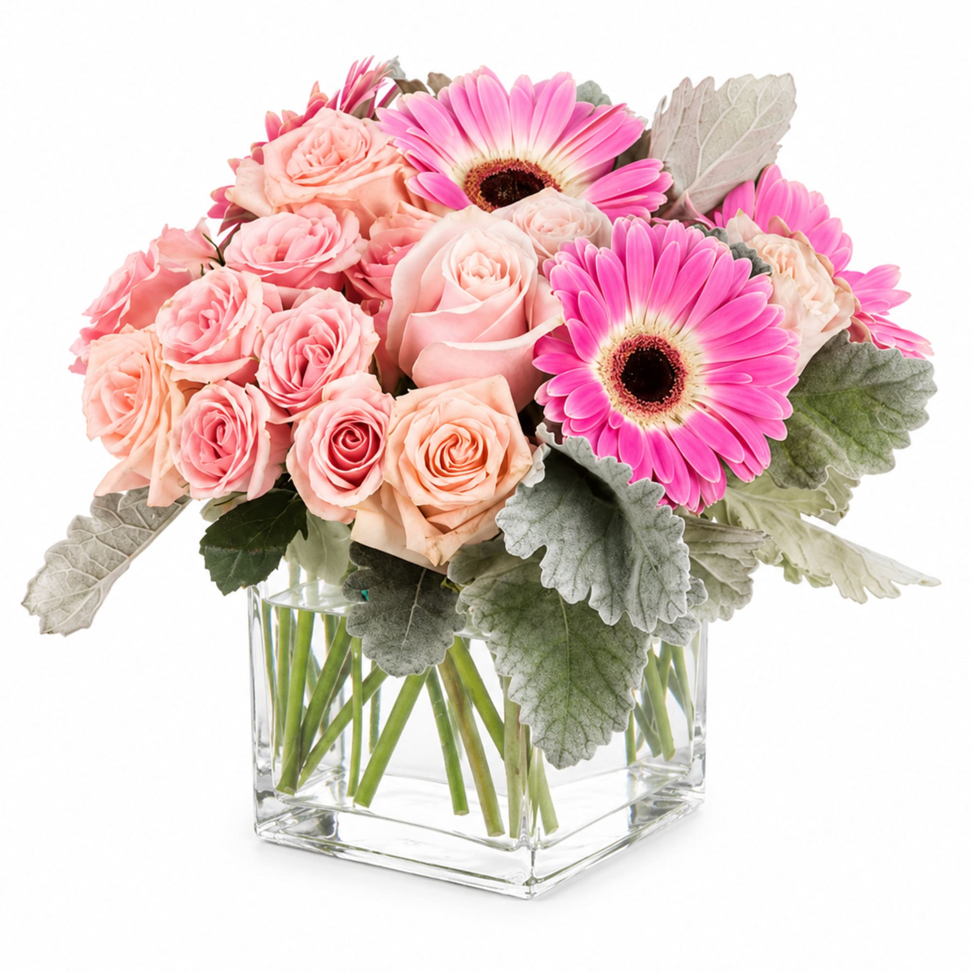Peach and blush roses cuddle up to bright pink gerbera daisies in