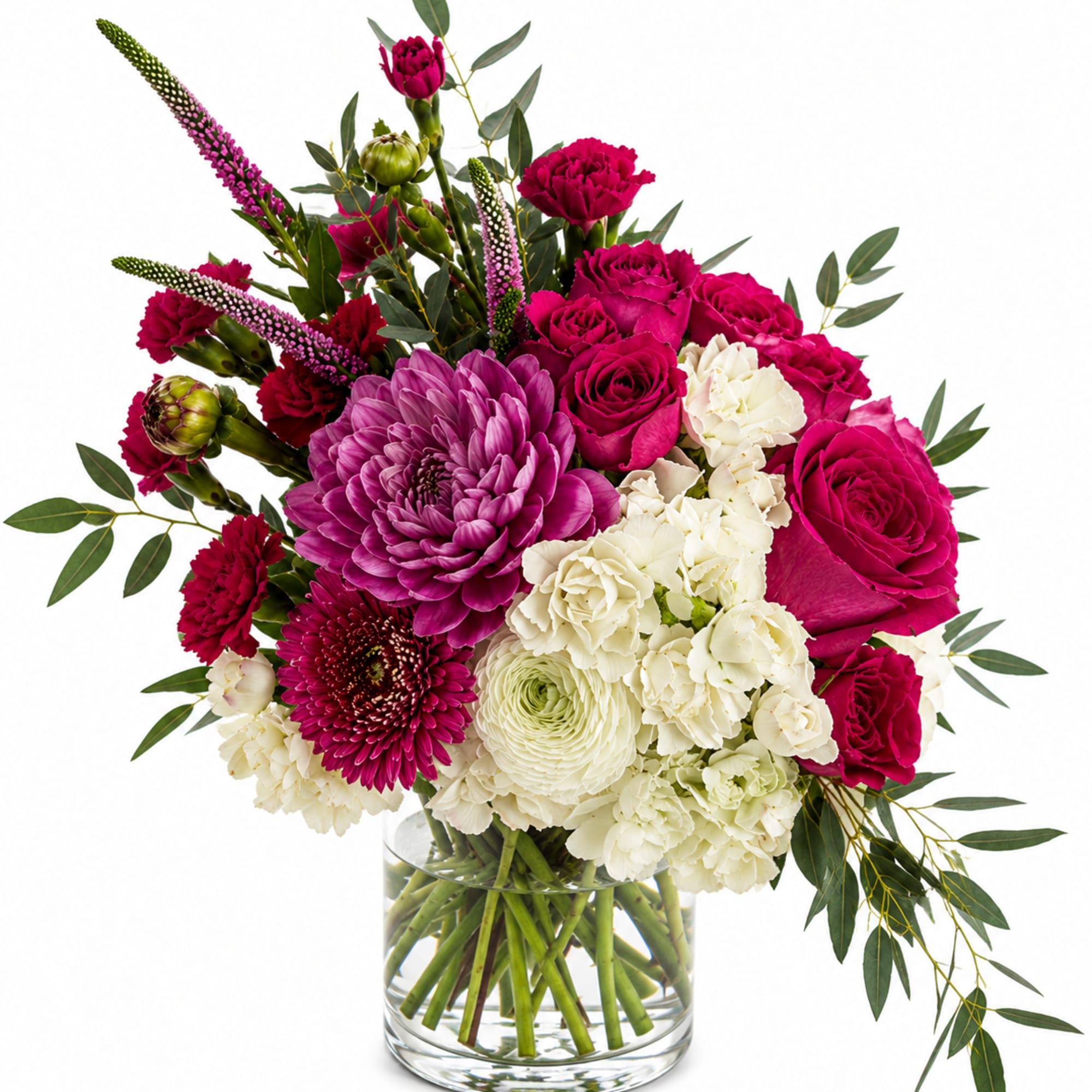 Bold magenta roses meet fluffy white carnations and jewel-toned purple chrysanthemums in