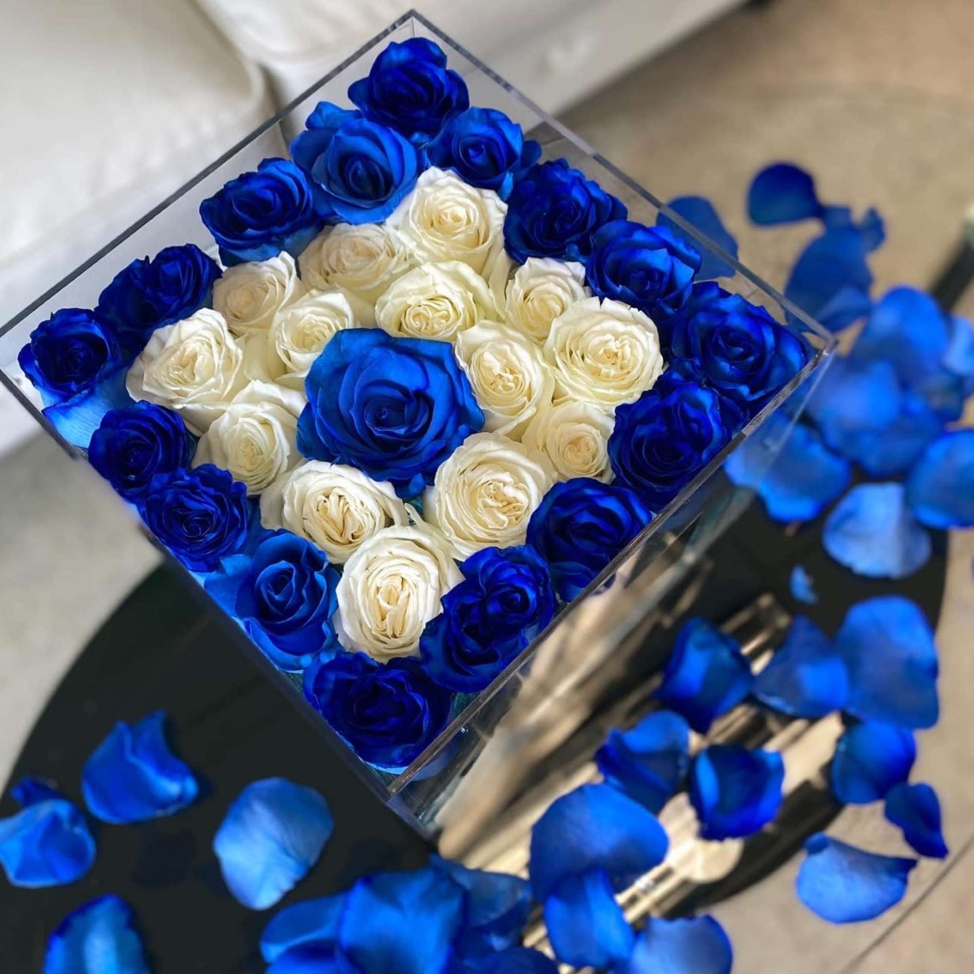 Blue and white roses arranged in a square clear box