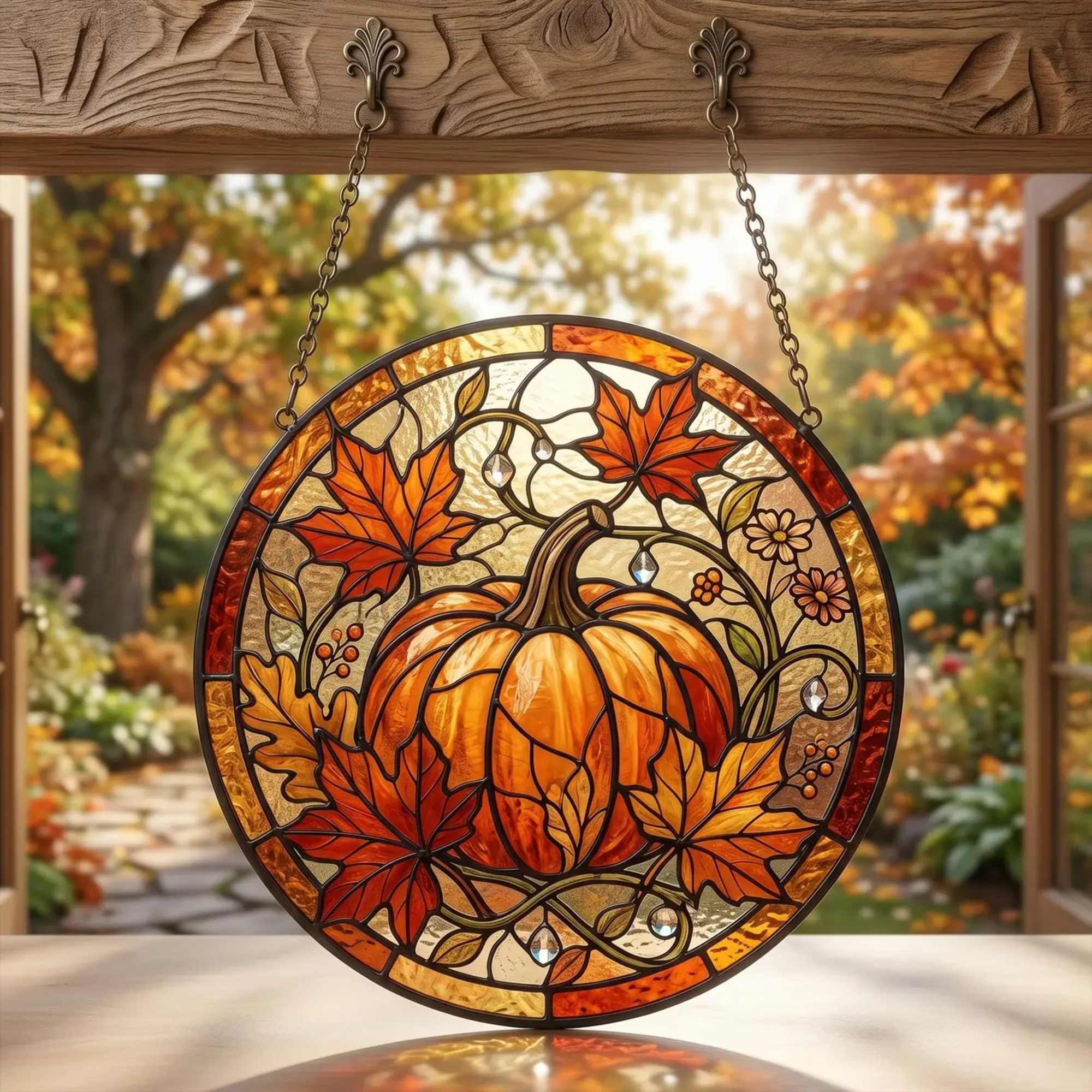 Round stained-glass pumpkin hanging in front of an autumn background