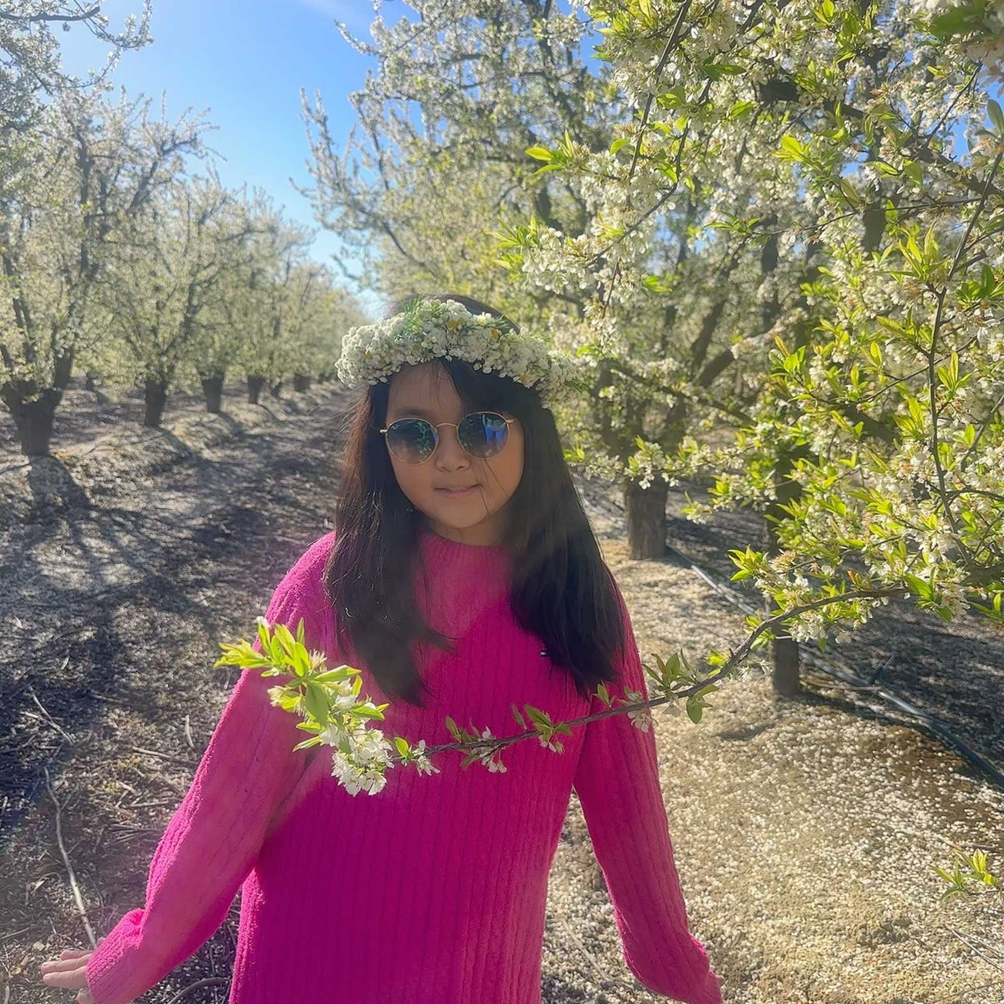 Girl in a pink dress wearing a white flower crown in a blooming orchard