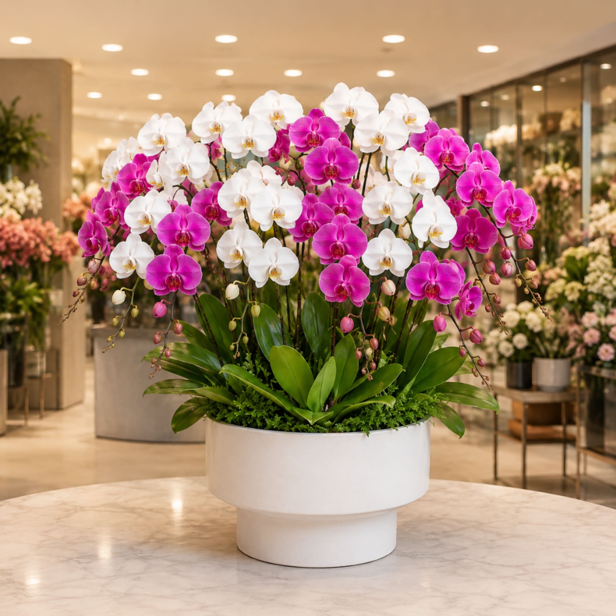 Pink and white orchids arranged in a white planter