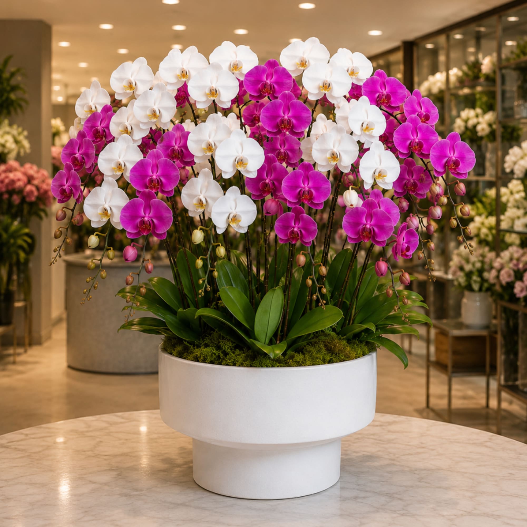 White and magenta orchids arranged in a white planter