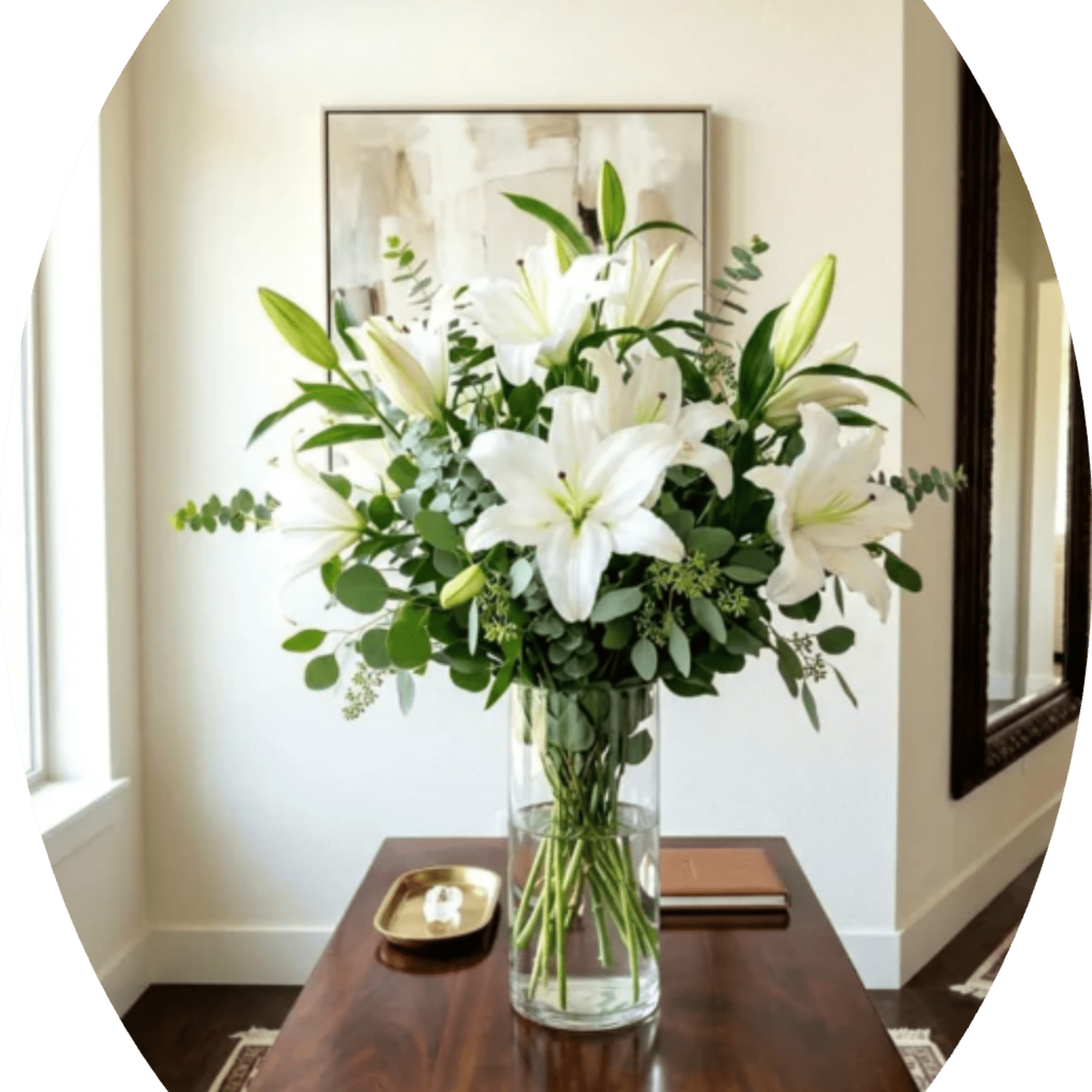 A cluster of large white lilies arranged upright in a tall clear