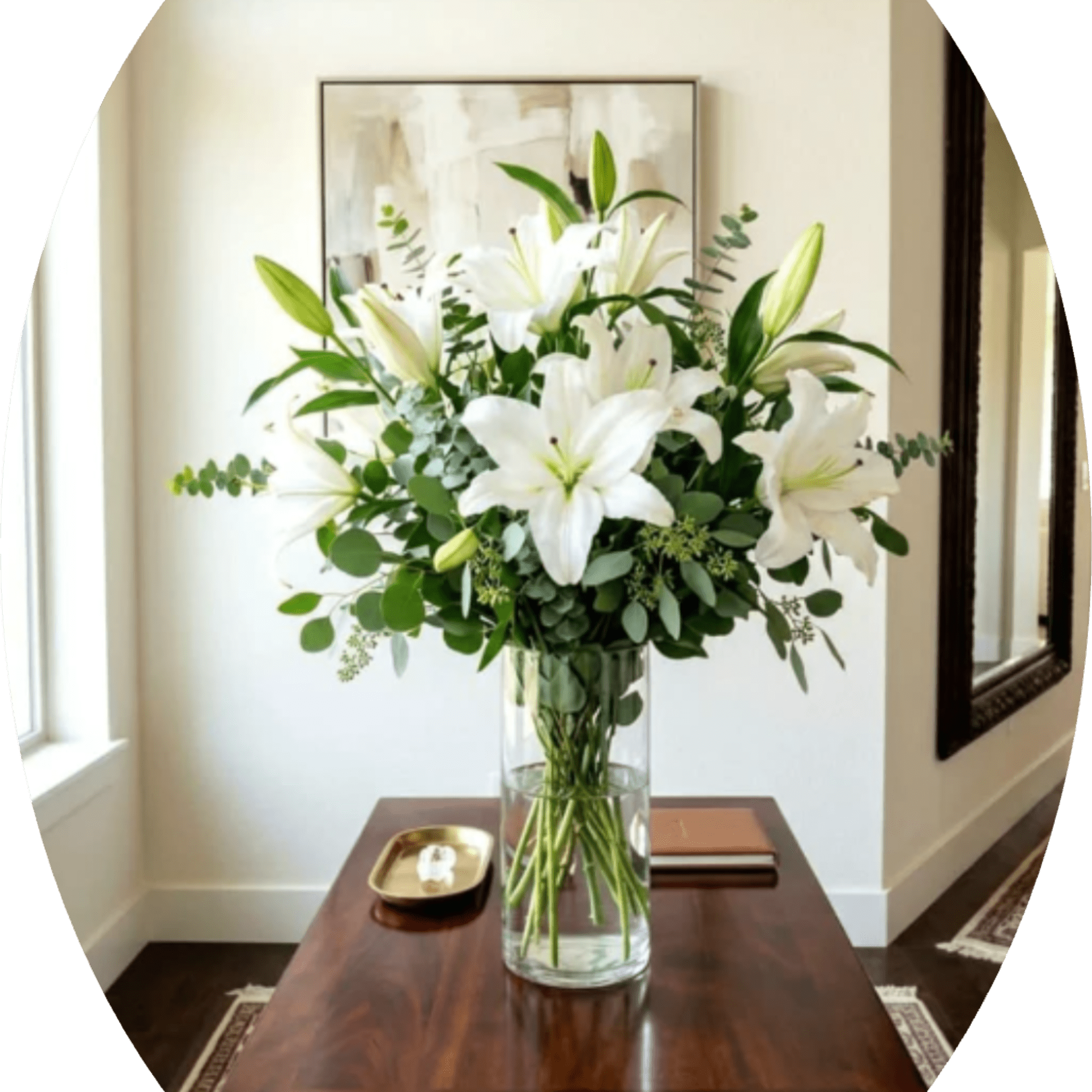A cluster of large white lilies arranged upright in a tall clear