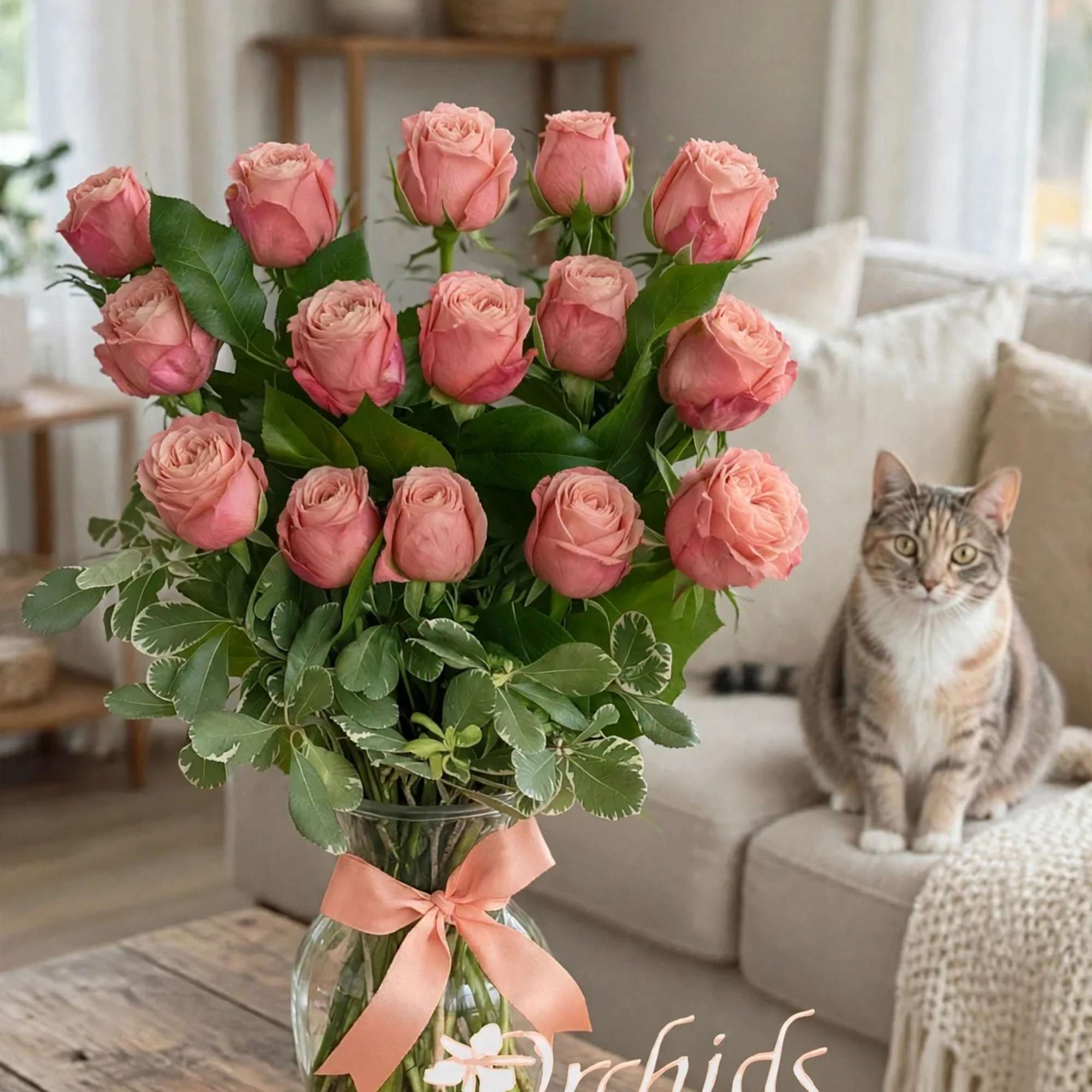 Arrangement measures approximately 19"H
Experience the beauty of premium Peach Kahala Garden Roses