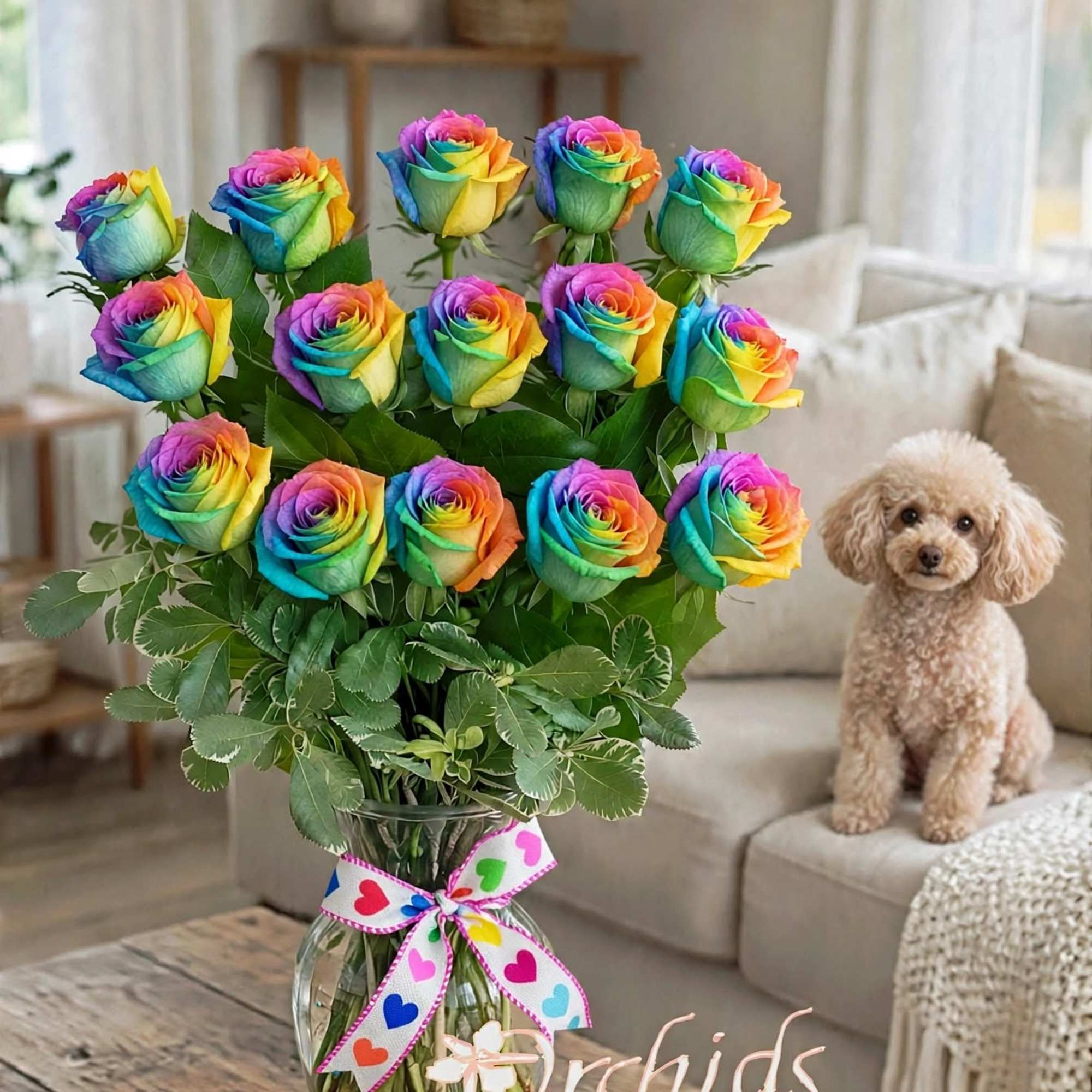 Rainbow roses in a glass vase with a heart-patterned ribbon