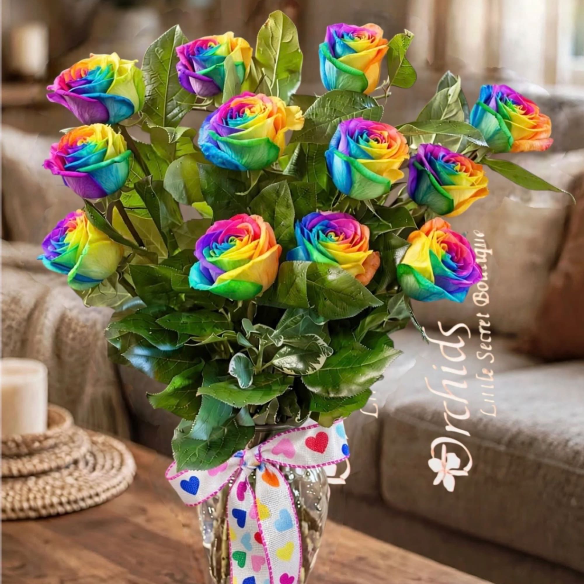 Rainbow-colored roses in a glass vase with a heart-patterned ribbon