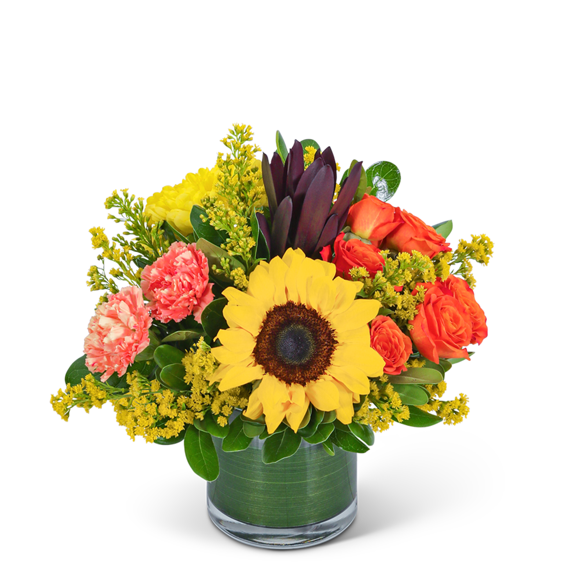 Sunflower and orange rose arrangement in a glass vase