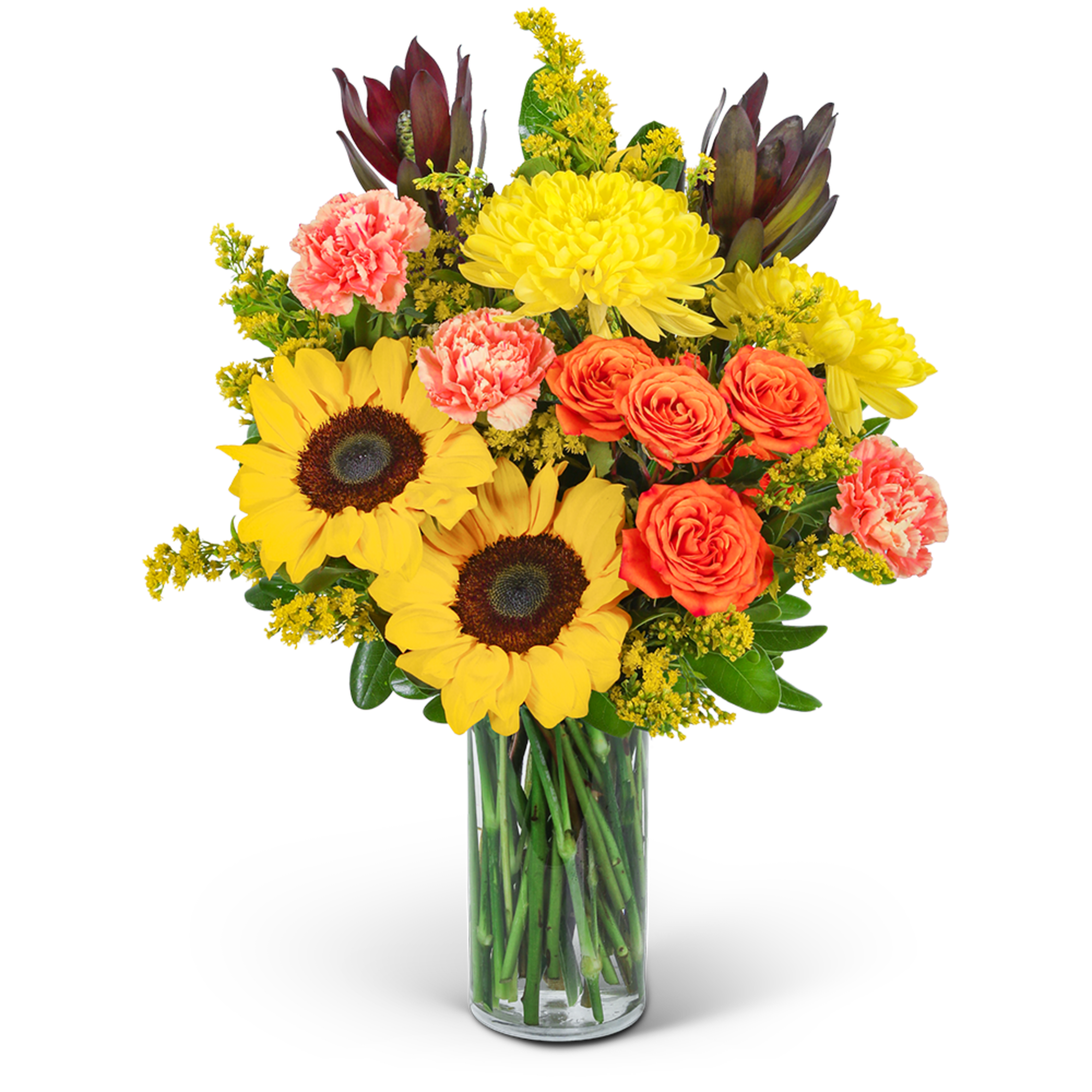 Bouquet of sunflowers, orange roses, and pink carnations in a glass vase