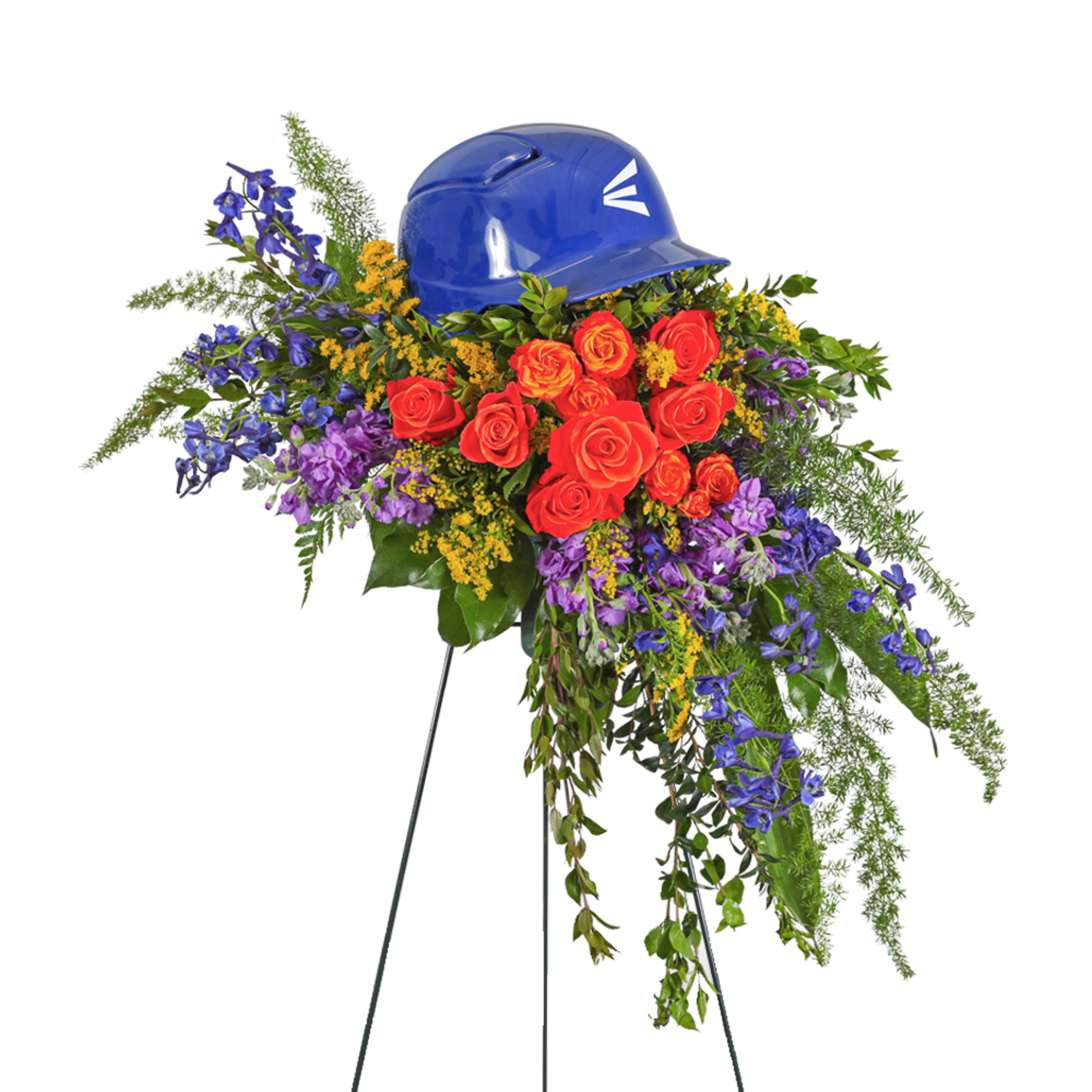 Floral standing spray with red roses and a blue hard hat