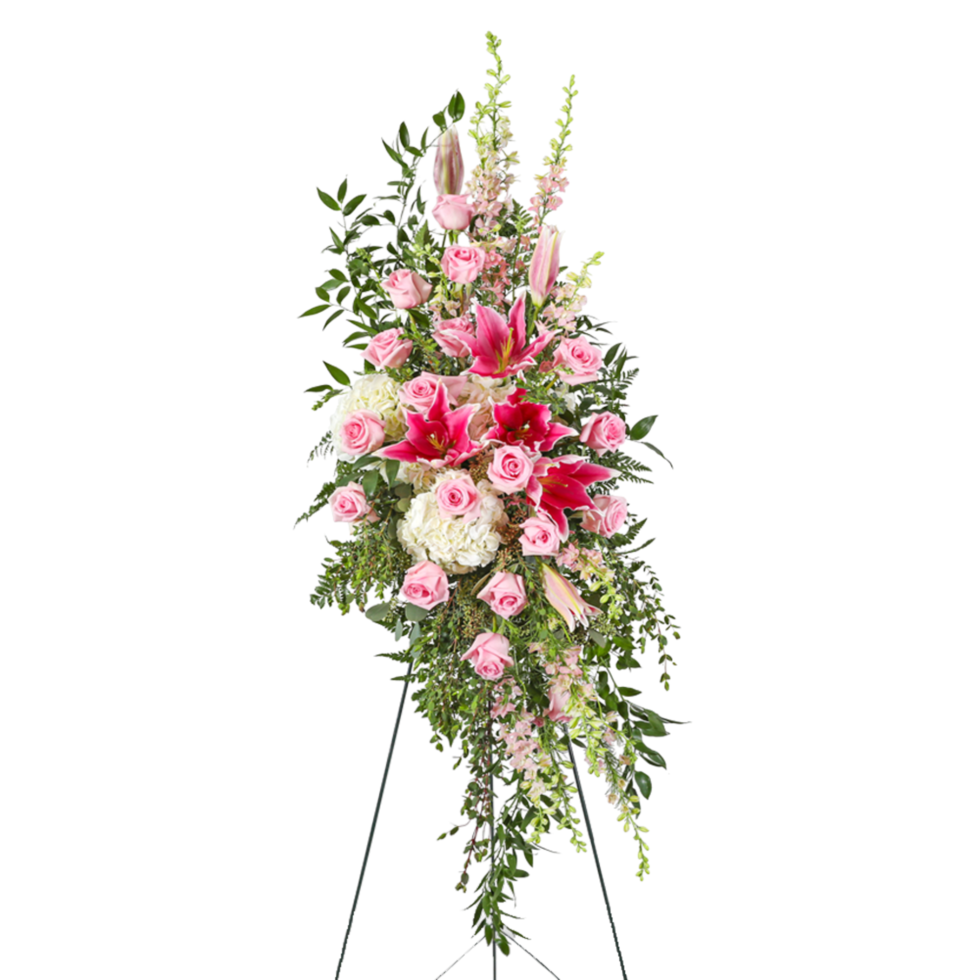 Tall standing spray of pink roses and lilies on a black easel
