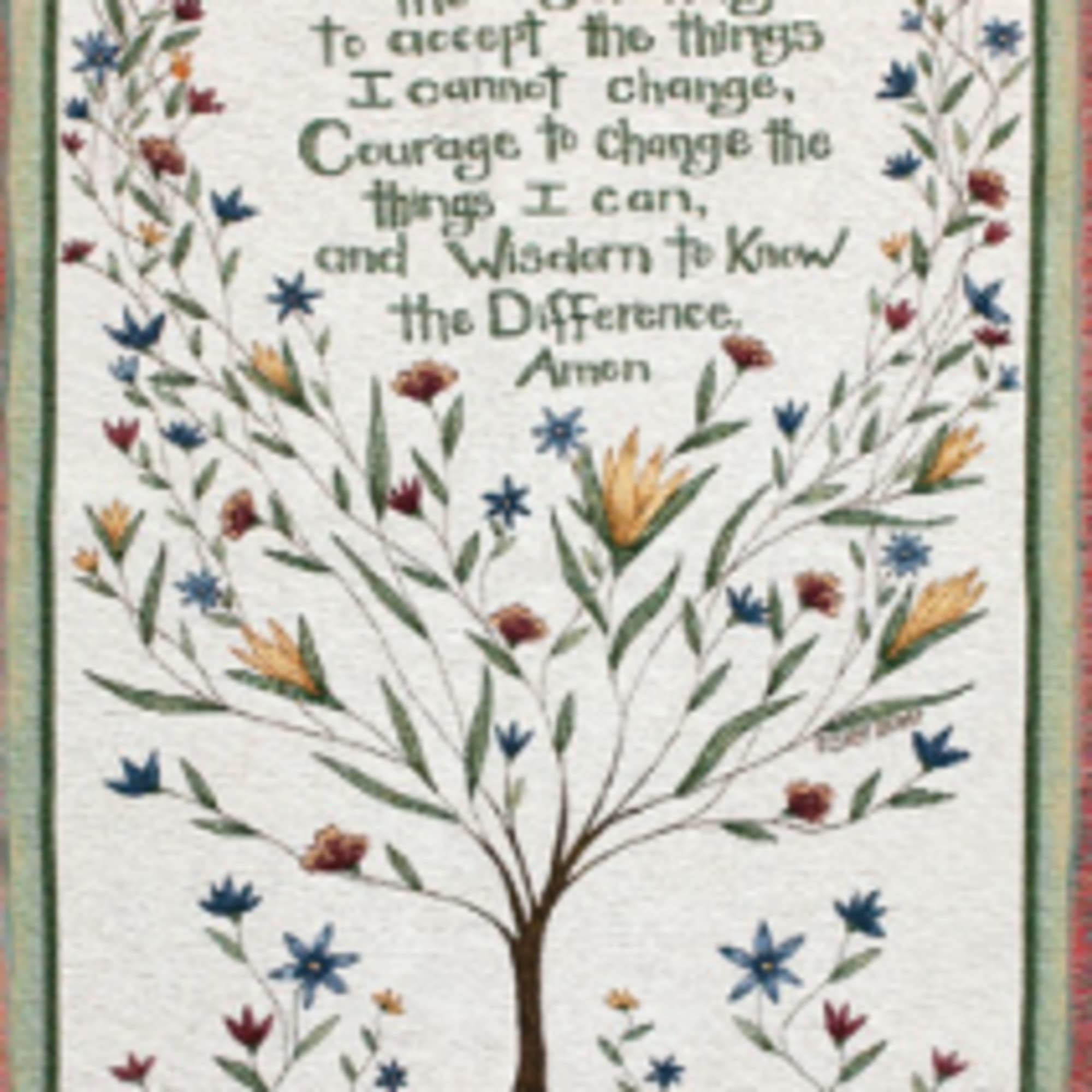 Framed textile wall hanging with a floral tree and prayer text