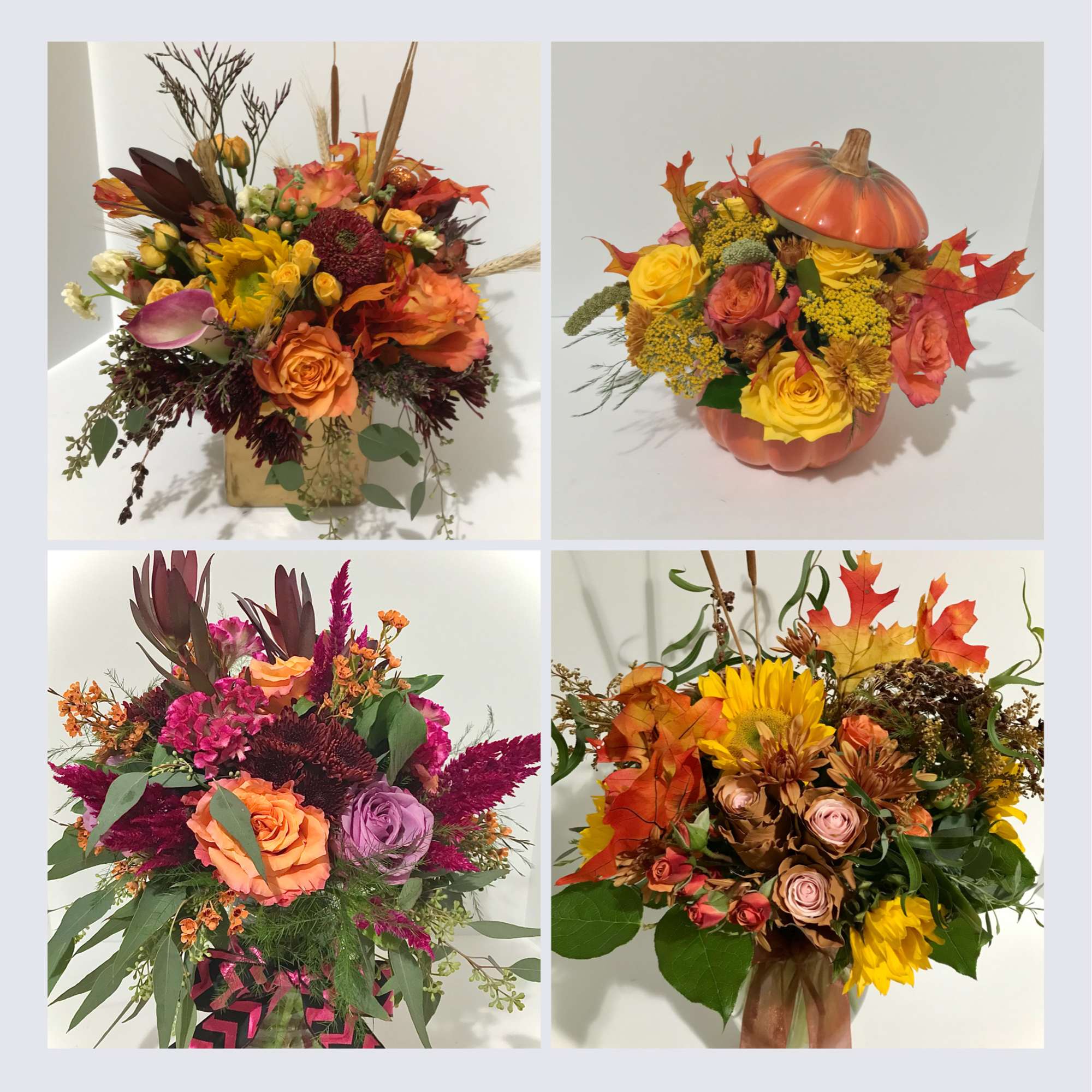 Collage of four fall flower arrangements in warm orange, yellow, and burgundy tones in vases and a pumpkin container