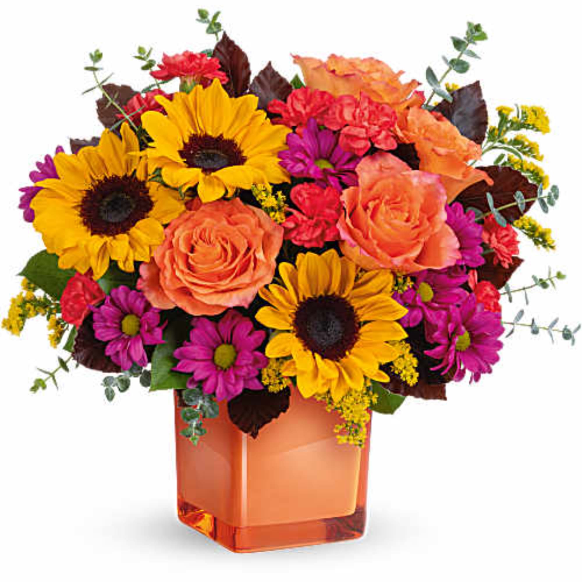 Bright mixed bouquet with sunflowers, roses, and daisies in an orange vase