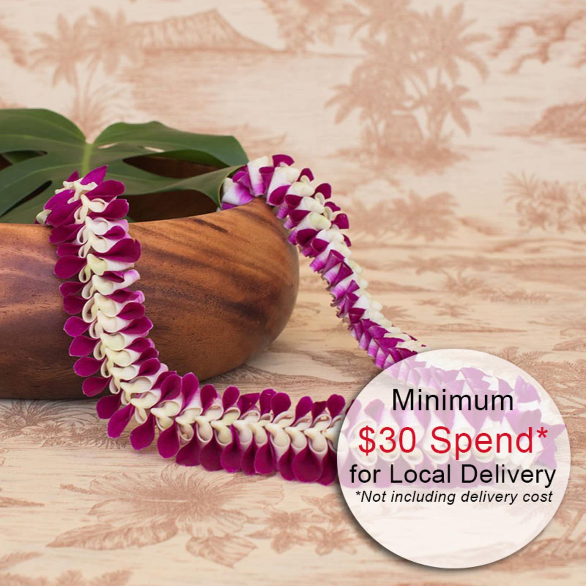 Purple and white flower lei draped over a wooden bowl with a tropical background