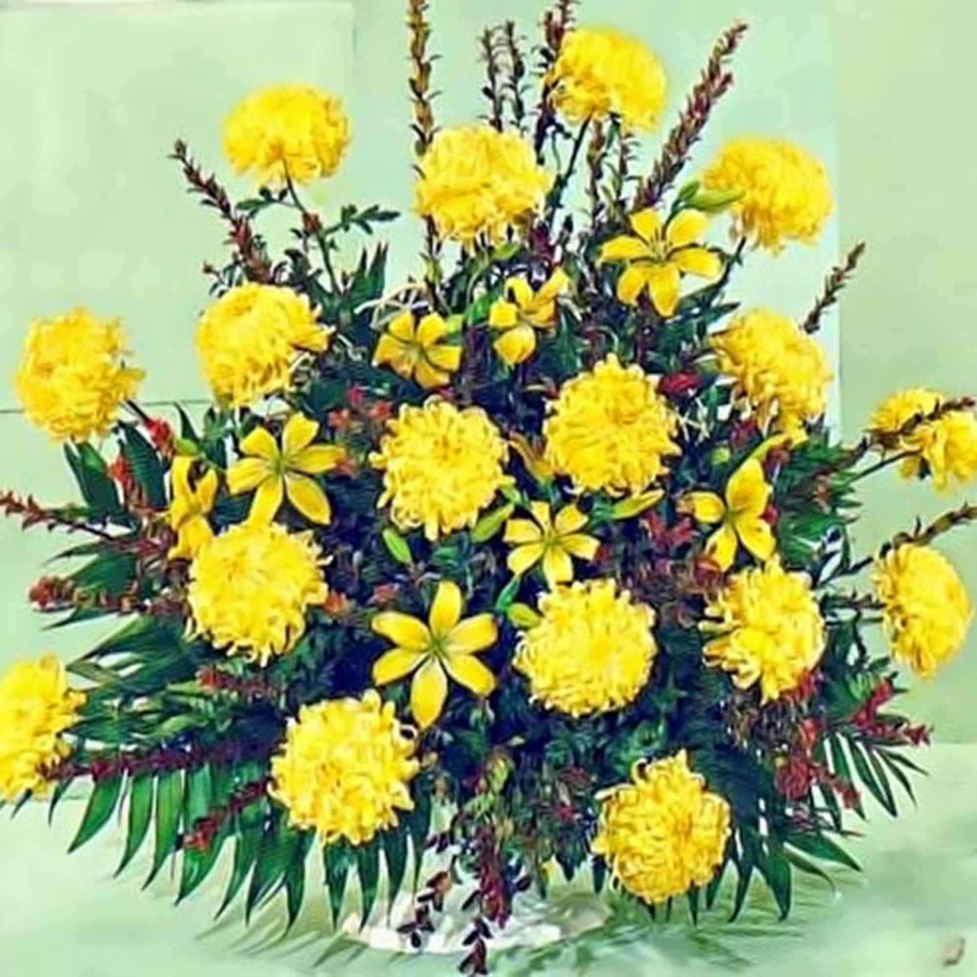 Fan-shaped arrangement of yellow flowers in a low white bowl.