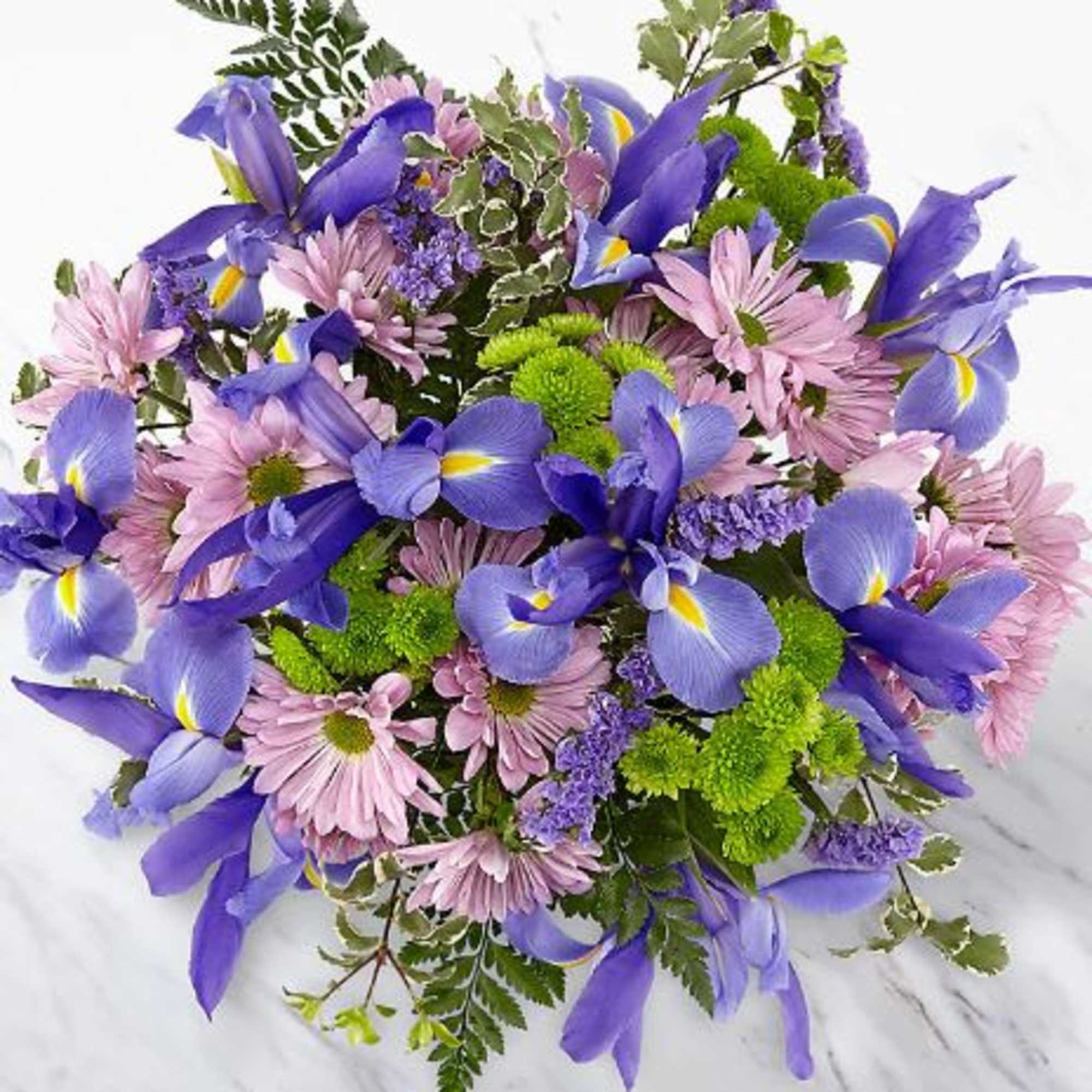 Bouquet of purple irises and pink daisies with green accents