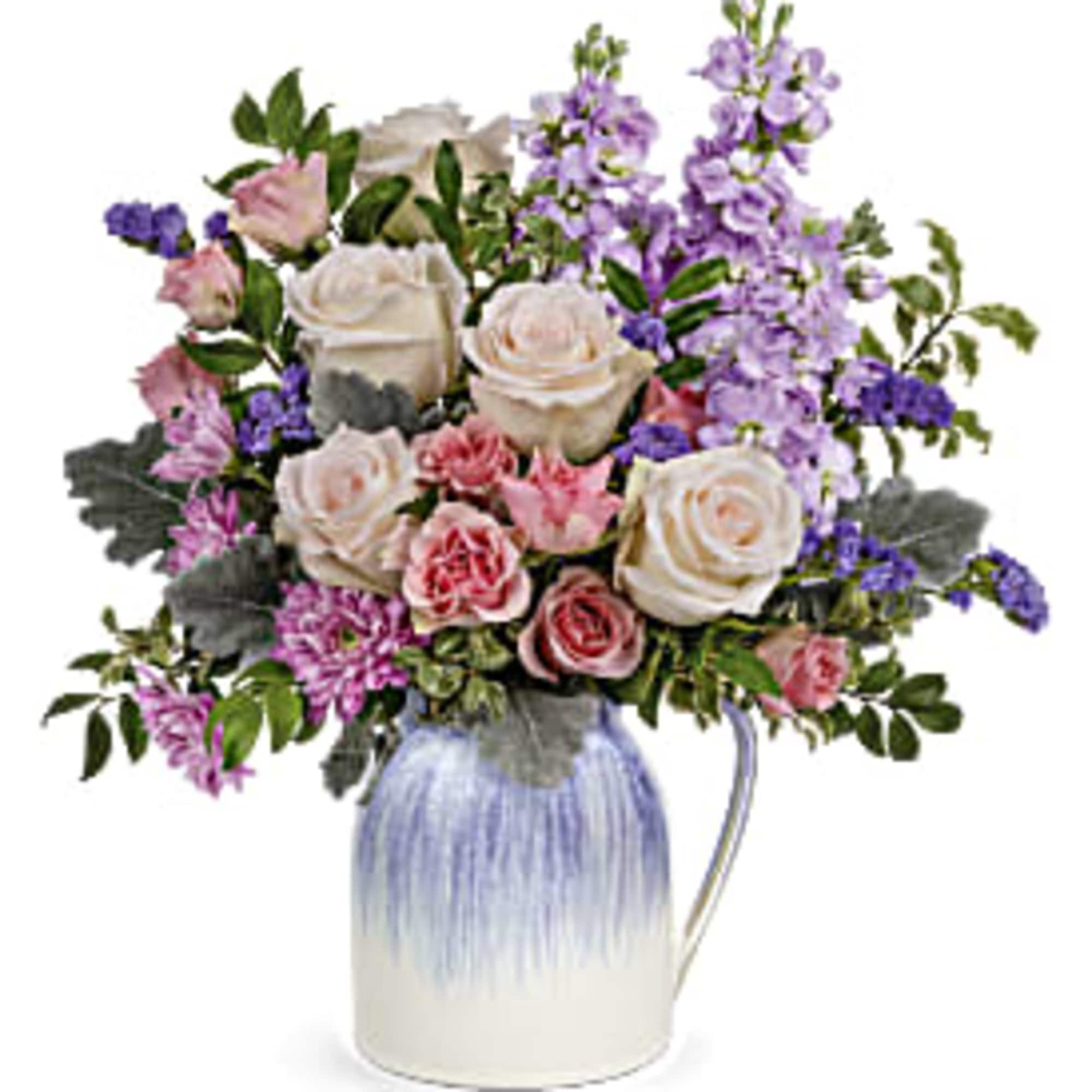 Bouquet of cream and pink roses with purple flowers in a blue-and-white pitcher