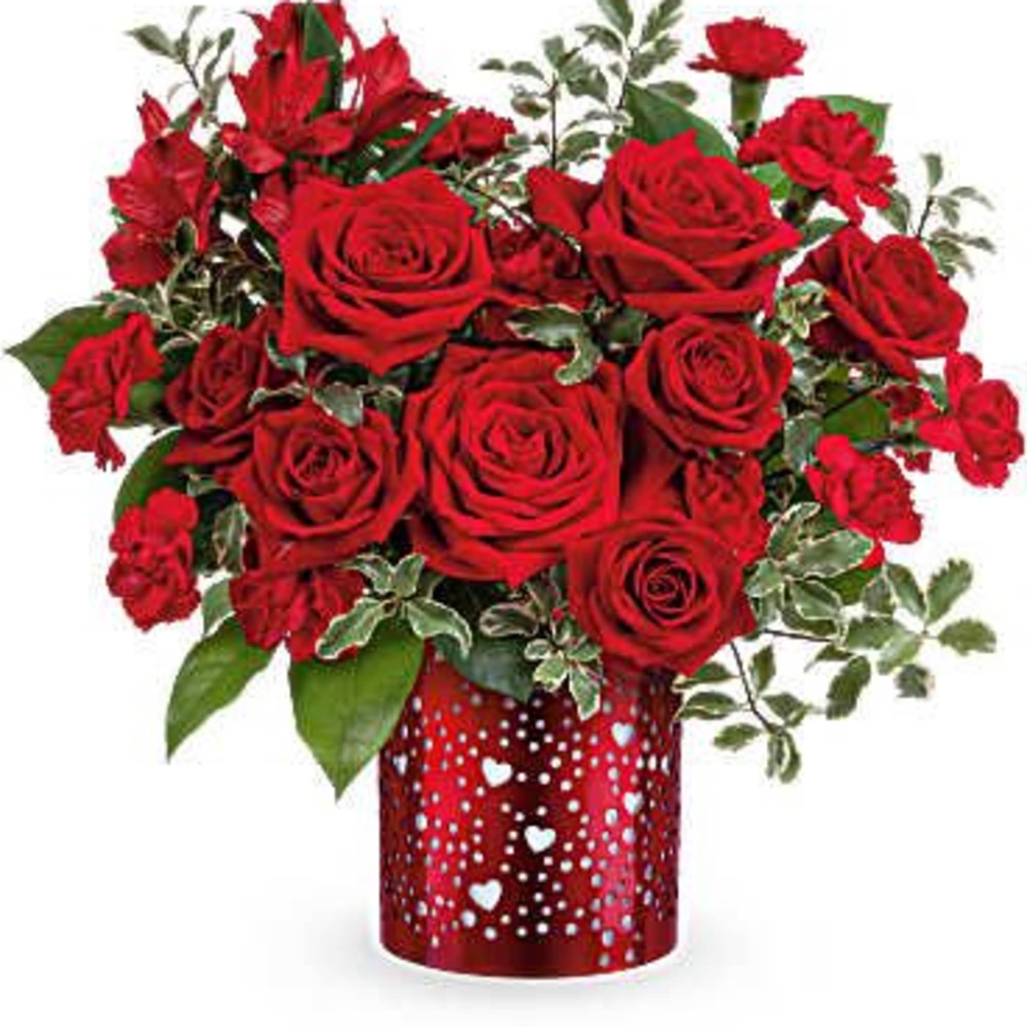 Red roses and carnations in a heart-patterned red vase