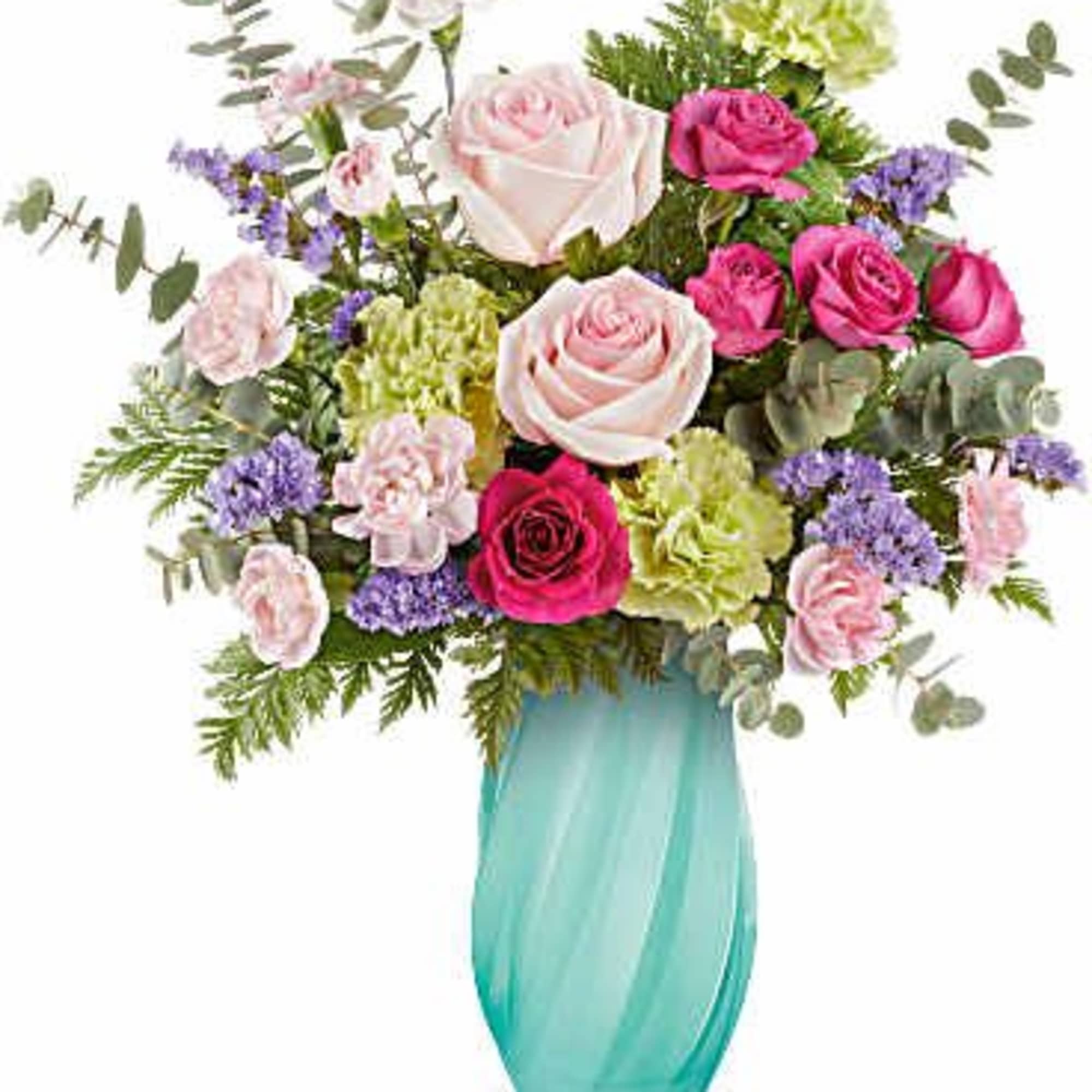 Pink and white roses in a turquoise vase