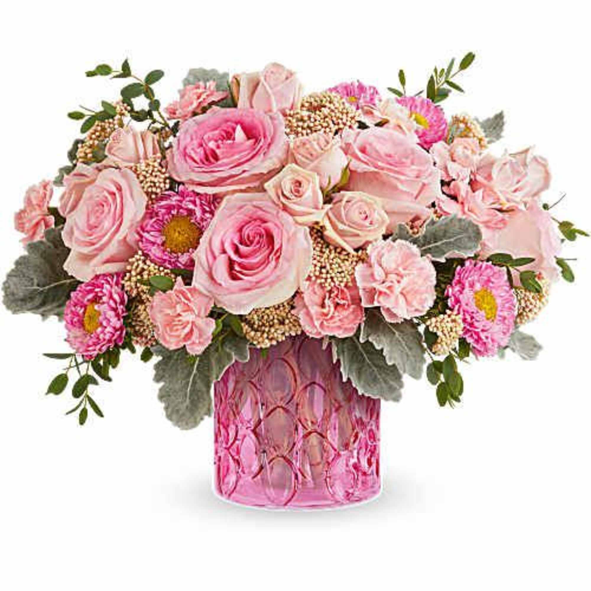 Pink roses and carnations in a pink glass vase